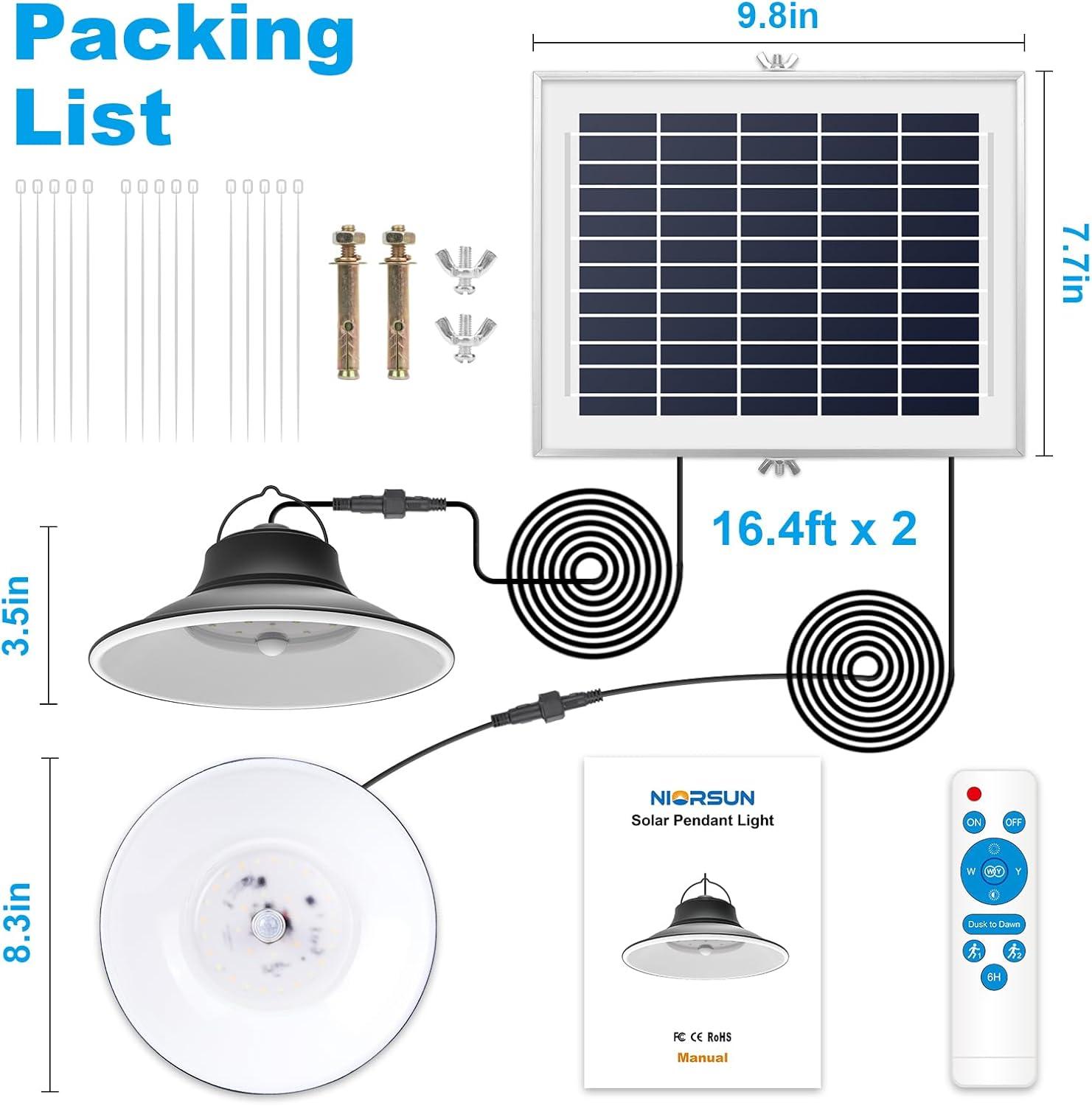 NIORSUN Solar Pendant Light, Upgraded Motion Sensor Light Outdoor Solar Lights Indoor Dimmable with Remote 3000K/4500K/6000K, 2x16.4ft Cable IP65 Waterproof for Shed, Barn, Gazebo, Patio(2 Pack)