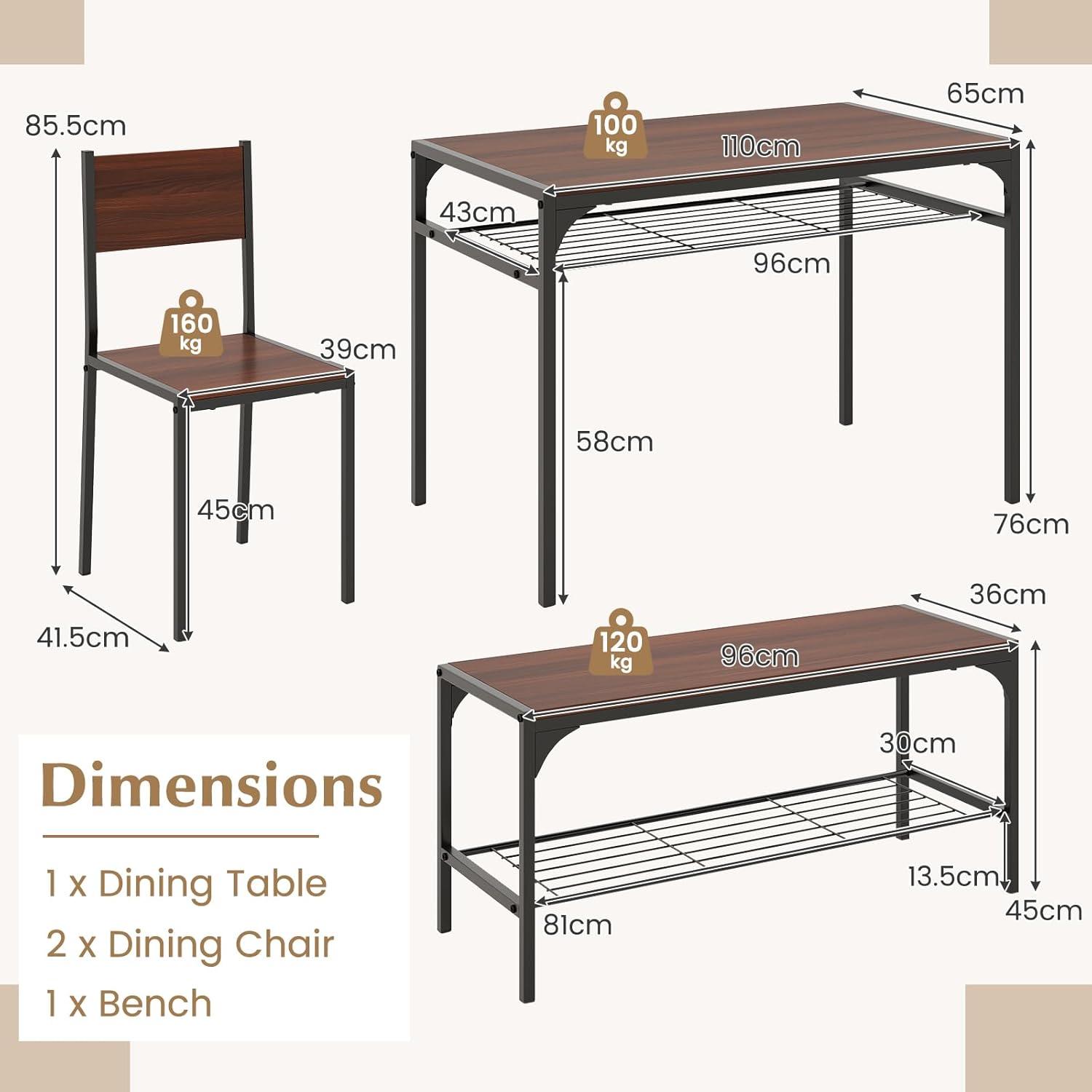 Costway 4pcs Dining Table Set Rustic Desk 2 Chairs & Bench w/ Storage Rack Brown