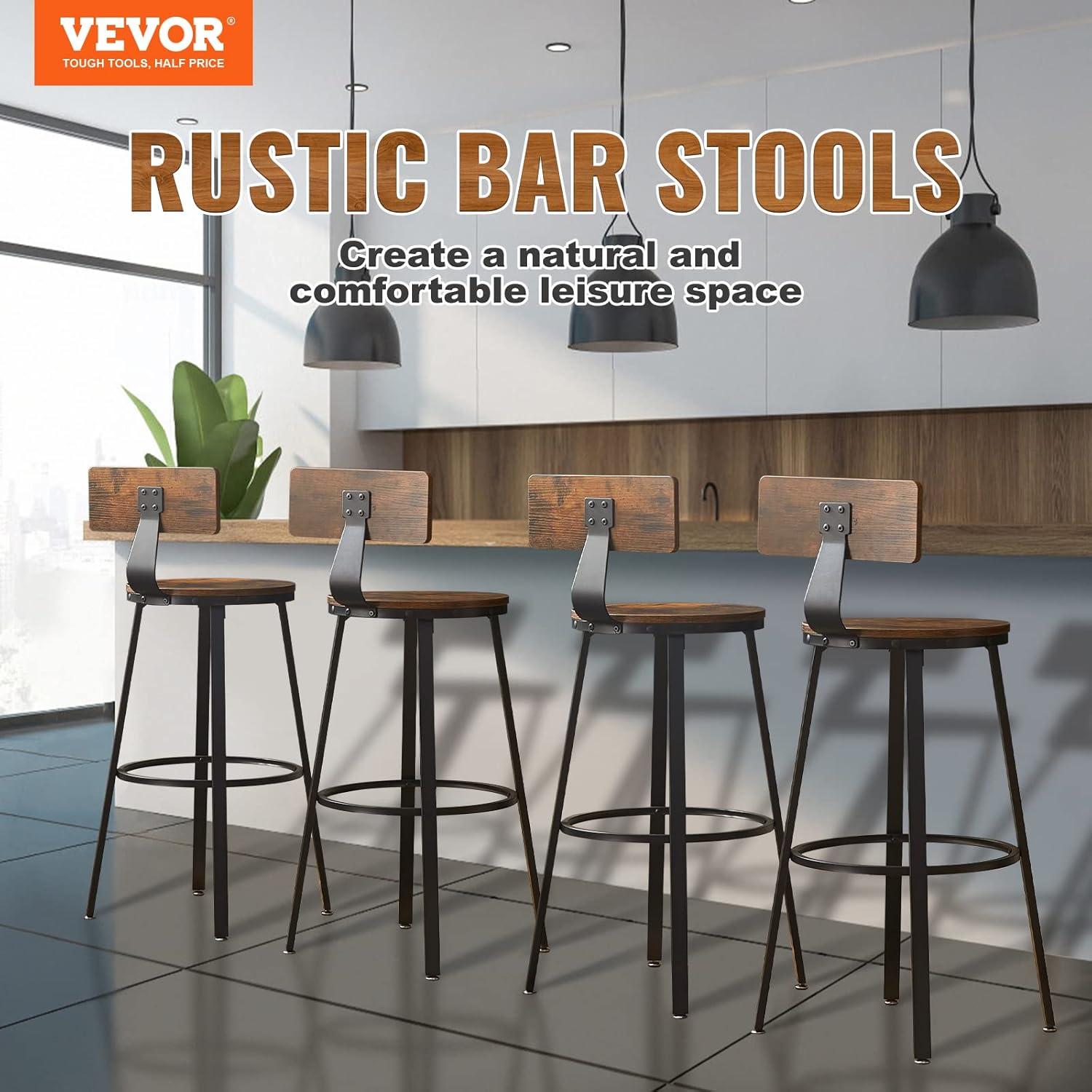VEVOR Rustic Bar Stools, 25.6” Tall Rectangle Seat, Set of 2 Bar Chairs with Footrest Steel Frame Adjustable Feet, Wooden Industrial Kitchen Stool for Kitchen Dining Living Room, Rustic Brown