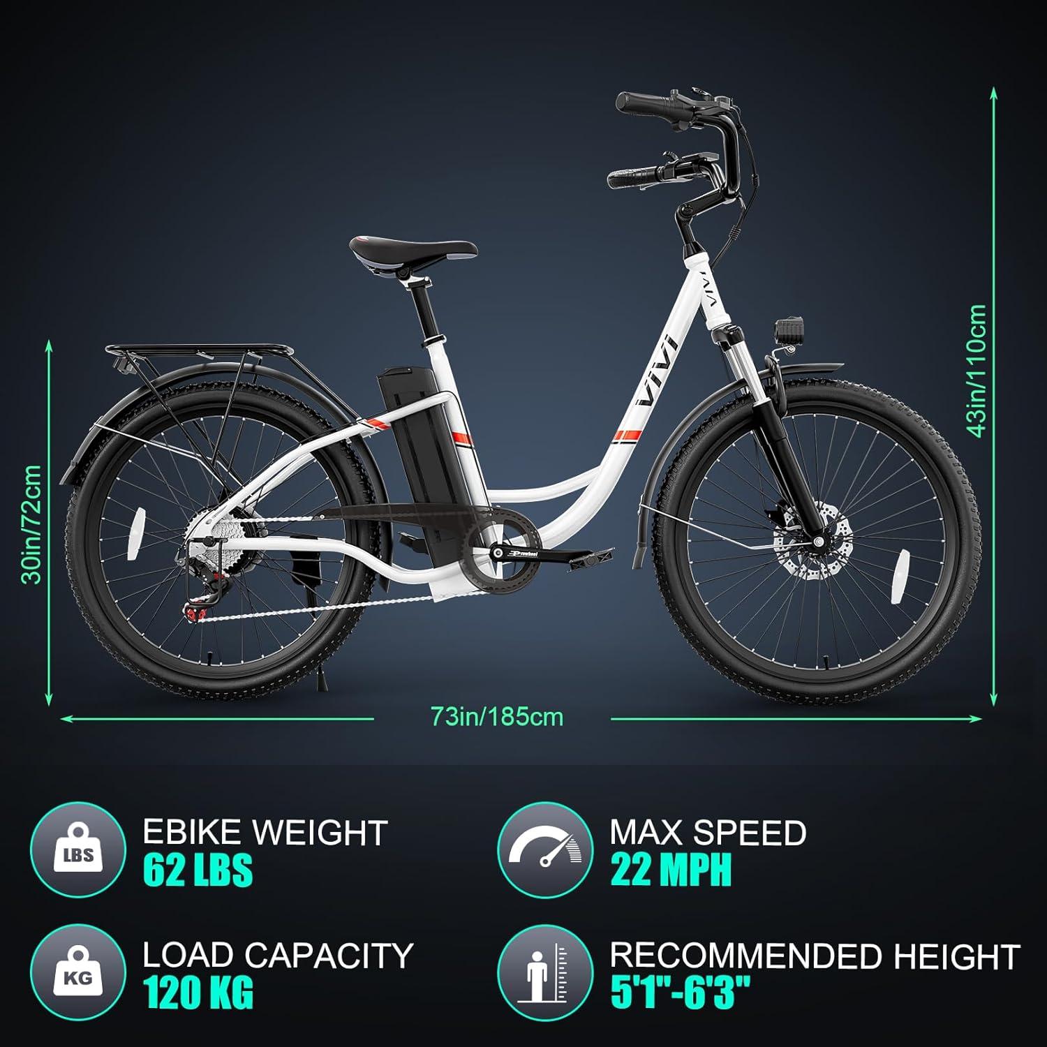Vivi Electric Bike for Adults 26" Electric Cruiser Bike 48V 500W Step-Through Electric Bike 19.8MPH City Commuter Electric Bike with Cruise Control, UL2849 Certified