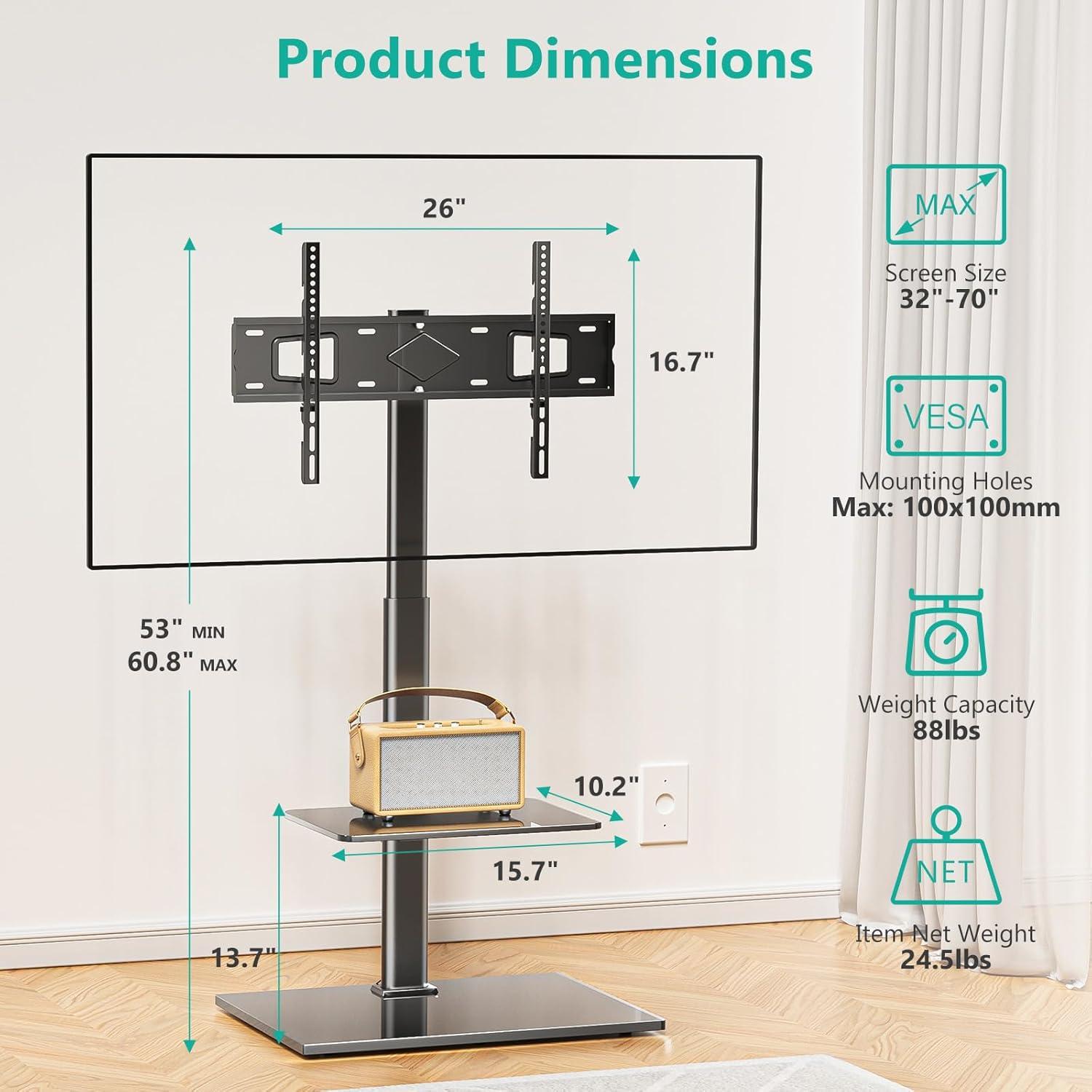 Black Adjustable Floor TV Stand with Tempered Glass Base and Shelf