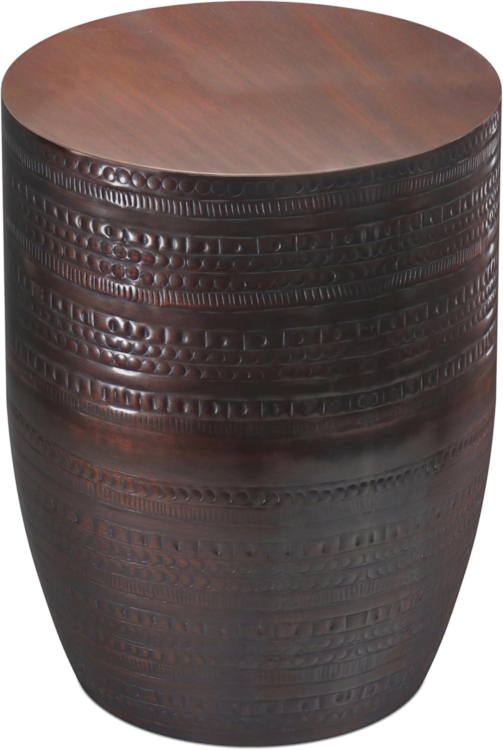 Bungalow Rose Johnsen 15"W Metal Industrial Boho Tribal Pattern Drum End Table with Textured Finish, Assembled