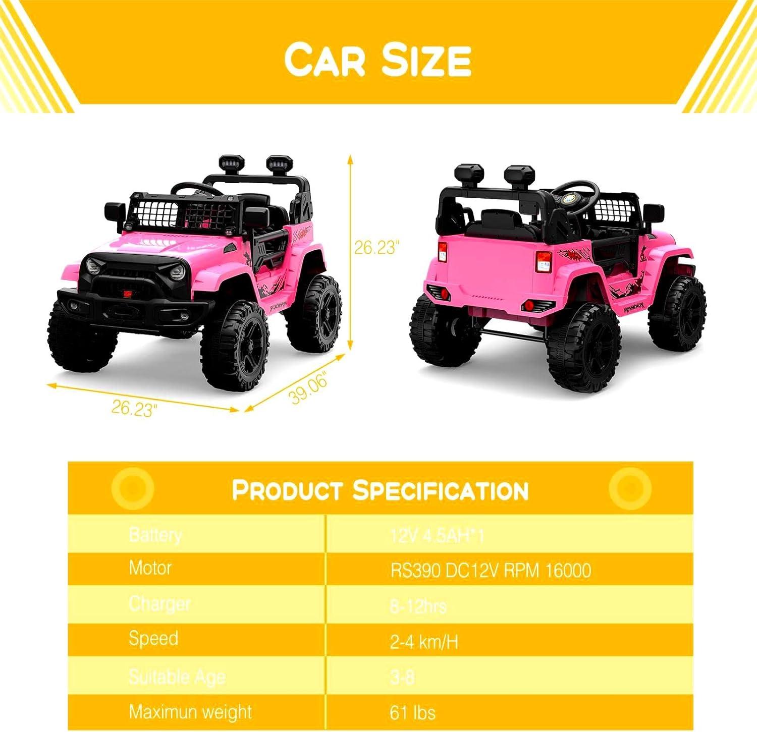 Kids Ride on Truck, 12V Children Electric Ride on Car w/Parent Remote Control, Spring Suspension, LED Lights, 2 Speeds Electric Vehicles for Boys and Girls