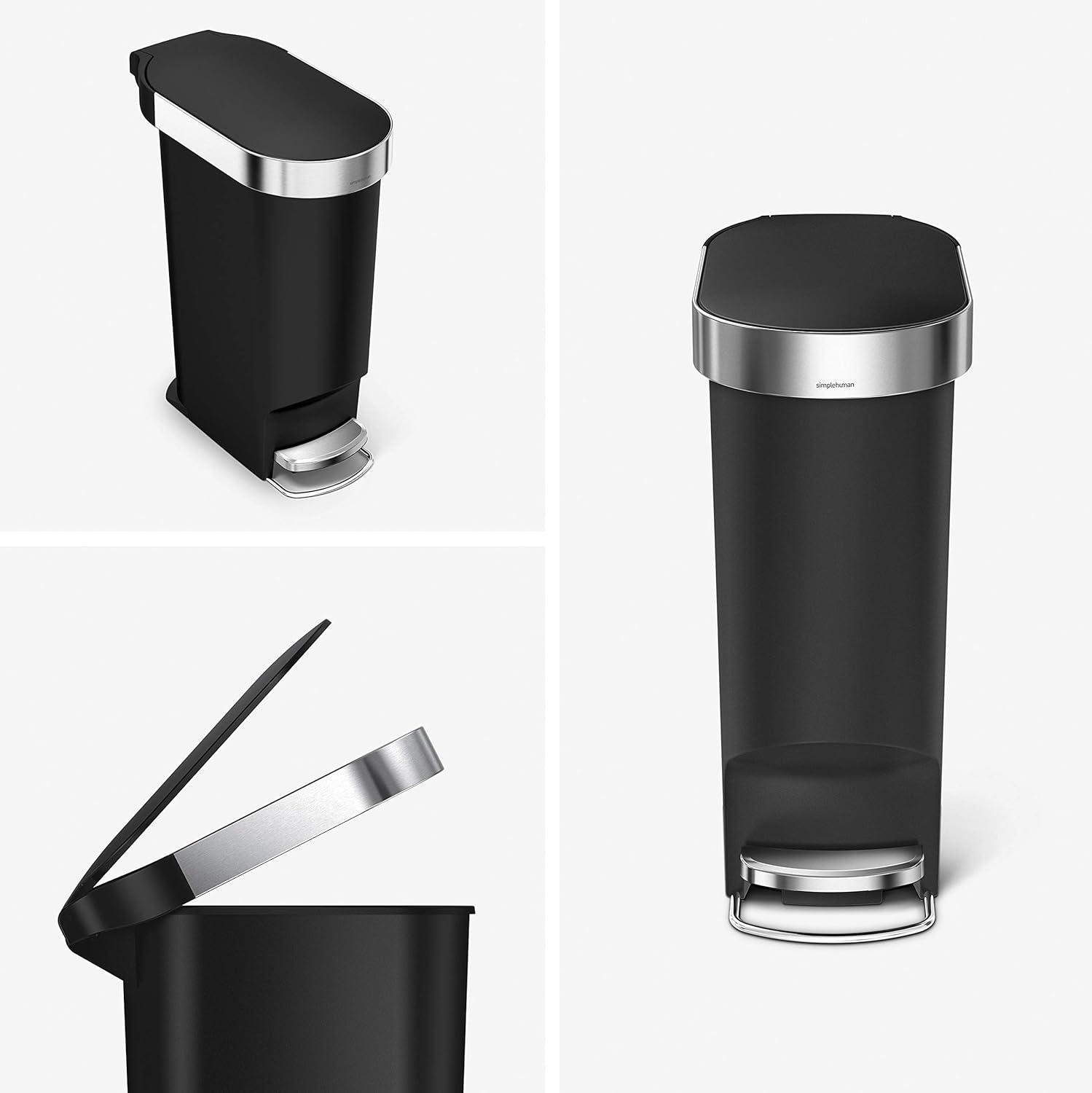 simplehuman 40L Slim Liner Rim Kitchen Step Trash Can Black Plastic: 10 Gallon Indoor Garbage Can, Spot Clean, 24.3" Height