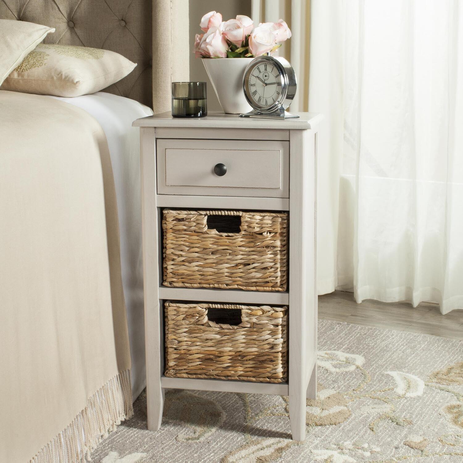 Transitional Pine and Metal Side Table with Storage Baskets