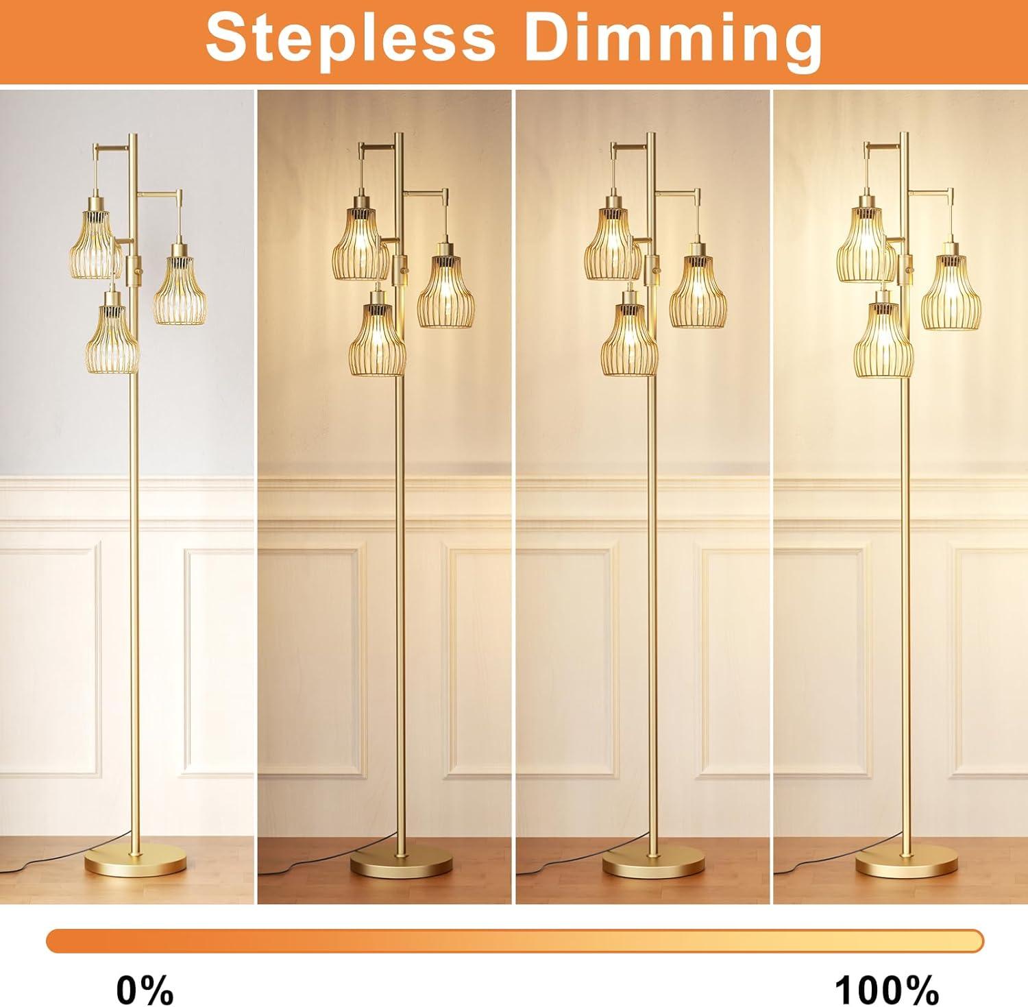 Dimmable Gold Floor Lamps for Living Room, Industrial Tree Standing Tall Lamps with 3 Elegant Cage Shade & 800 Lumens LED Bulbs for Bedroom Office