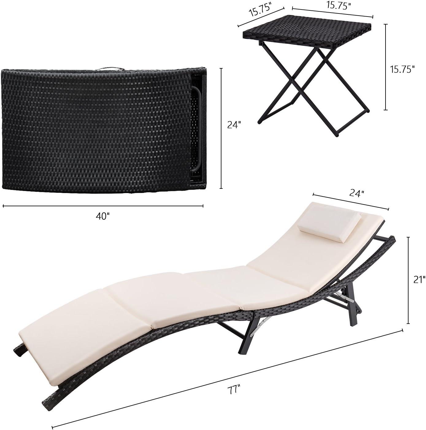 Devoko 3 Pieces Patio Lounge Chaise Chair Set Outdoor PE Rattan Folding Chair Sets with Table, Beige
