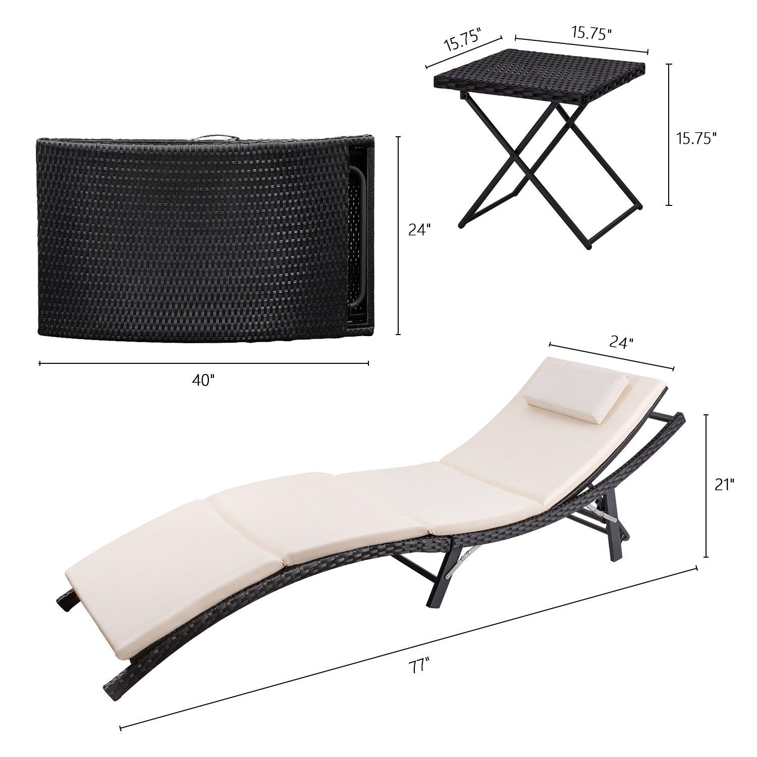 Devoko 3 Pieces Patio Lounge Chaise Chair Set Outdoor PE Rattan Folding Chair Sets with Table, Beige