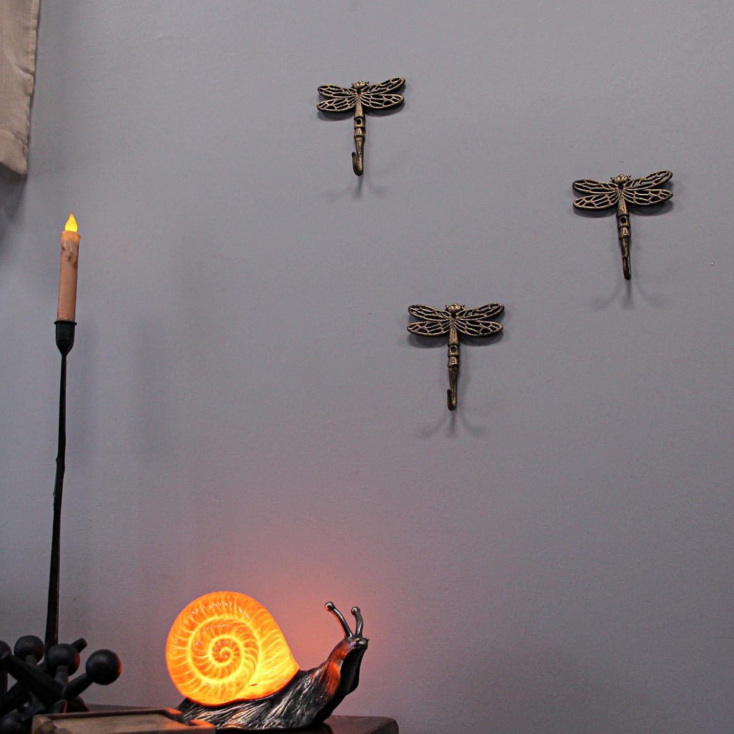 Zeckos Gold Cast Iron Dragonfly Wall Hook 5 inch Home Decor Set of 3