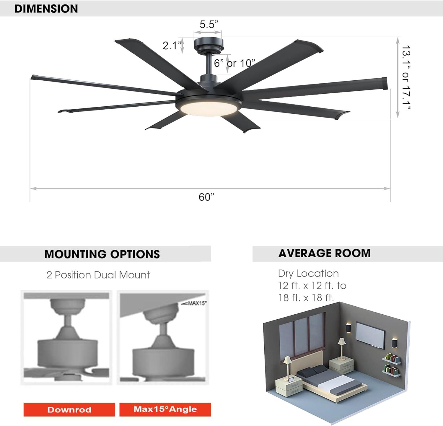 Ceiling Fans with Lights and Remote, 60 Inch Black Large Ceiling Fan for Bedroom Living Room, Modern Flush Outdoor Ceiling Fans LED Lighting, DC Motor Reversible 8 Blades, Ventilador de Techo con Luz