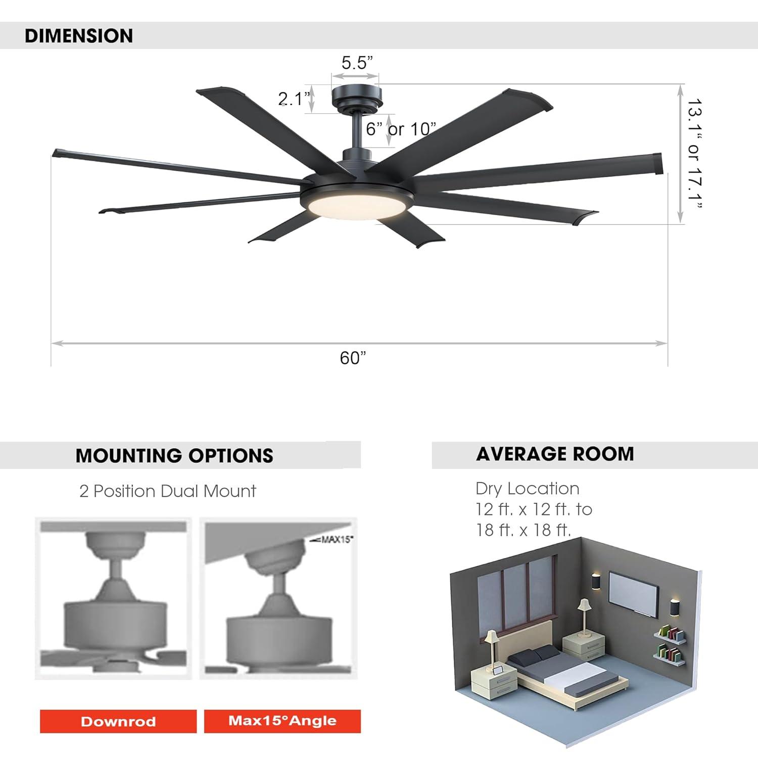 Ceiling Fans with Lights and Remote, 60 Inch Black Large Ceiling Fan for Bedroom Living Room, Modern Flush Outdoor Ceiling Fans LED Lighting, DC Motor Reversible 8 Blades, Ventilador de Techo con Luz