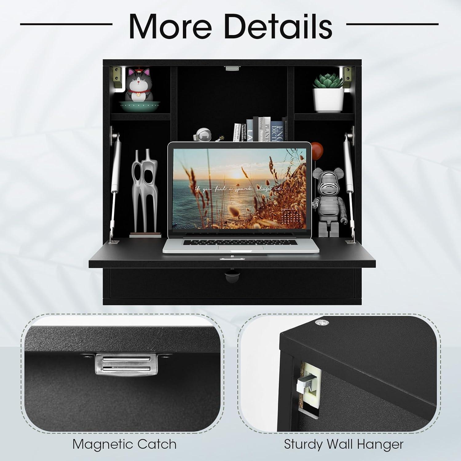 Tangkula Folding Wall Table - Floating Desk with Storage Drawer & Shelves (White)