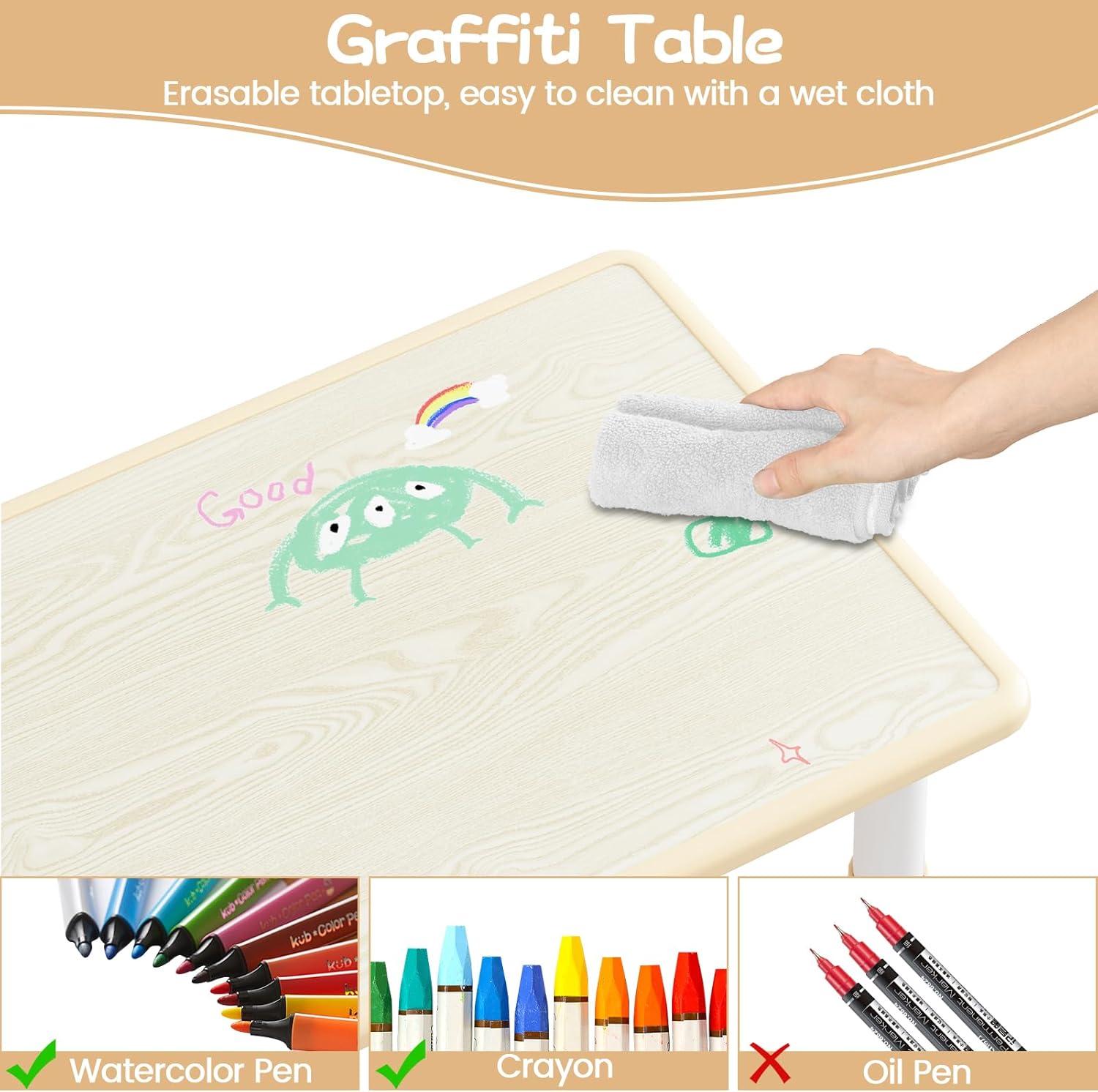 Brelley Kids Table and 6 Chairs Set, Height Adjustable Toddler Desk and Chair Set, Graffiti Desktop, Classroom/Daycare/Home, Children Multi-Activity Table for Ages 2-8