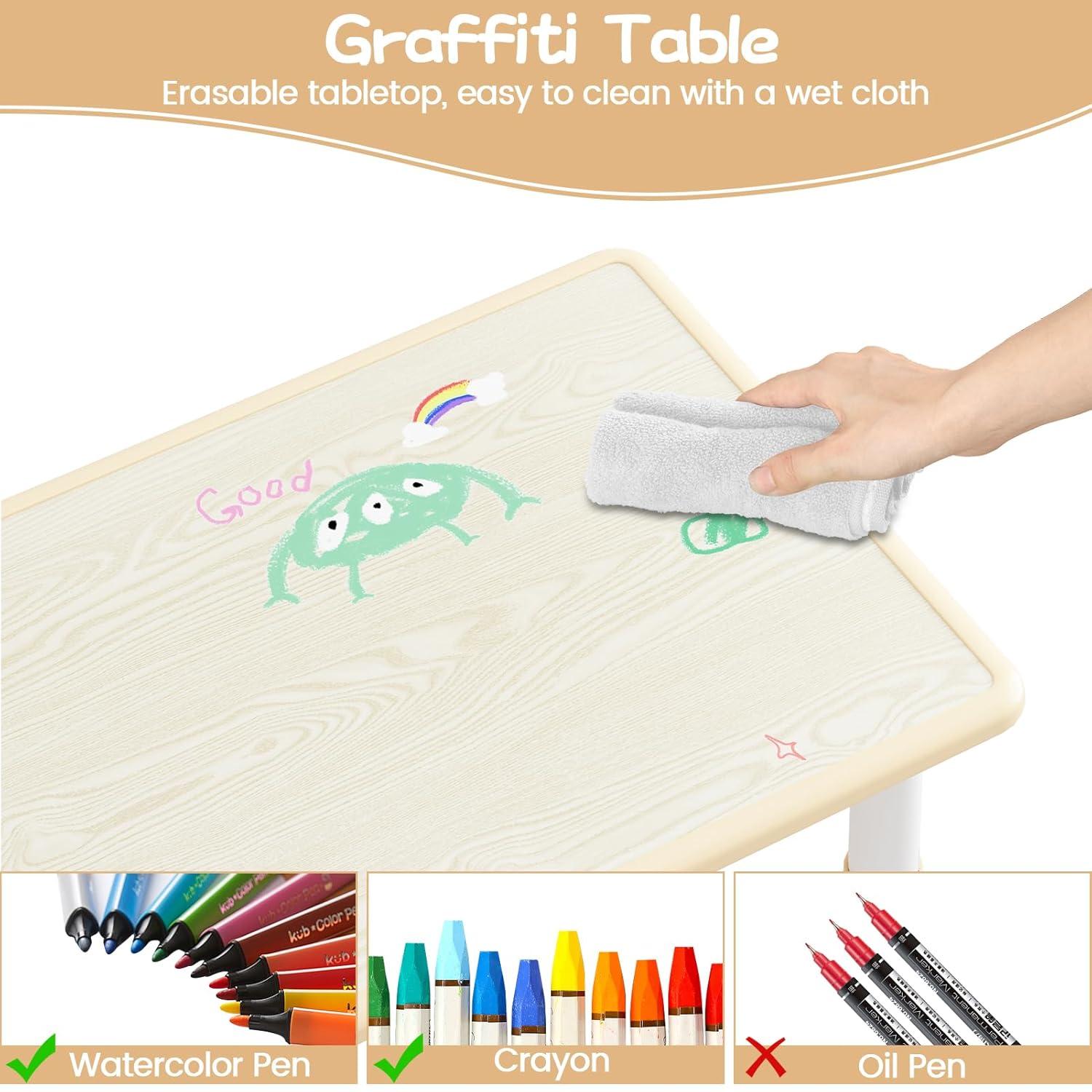 Brelley Kids Table and 6 Chairs Set, Height Adjustable Toddler Desk and Chair Set, Graffiti Desktop, Classroom/Daycare/Home, Children Multi-Activity Table for Ages 2-8