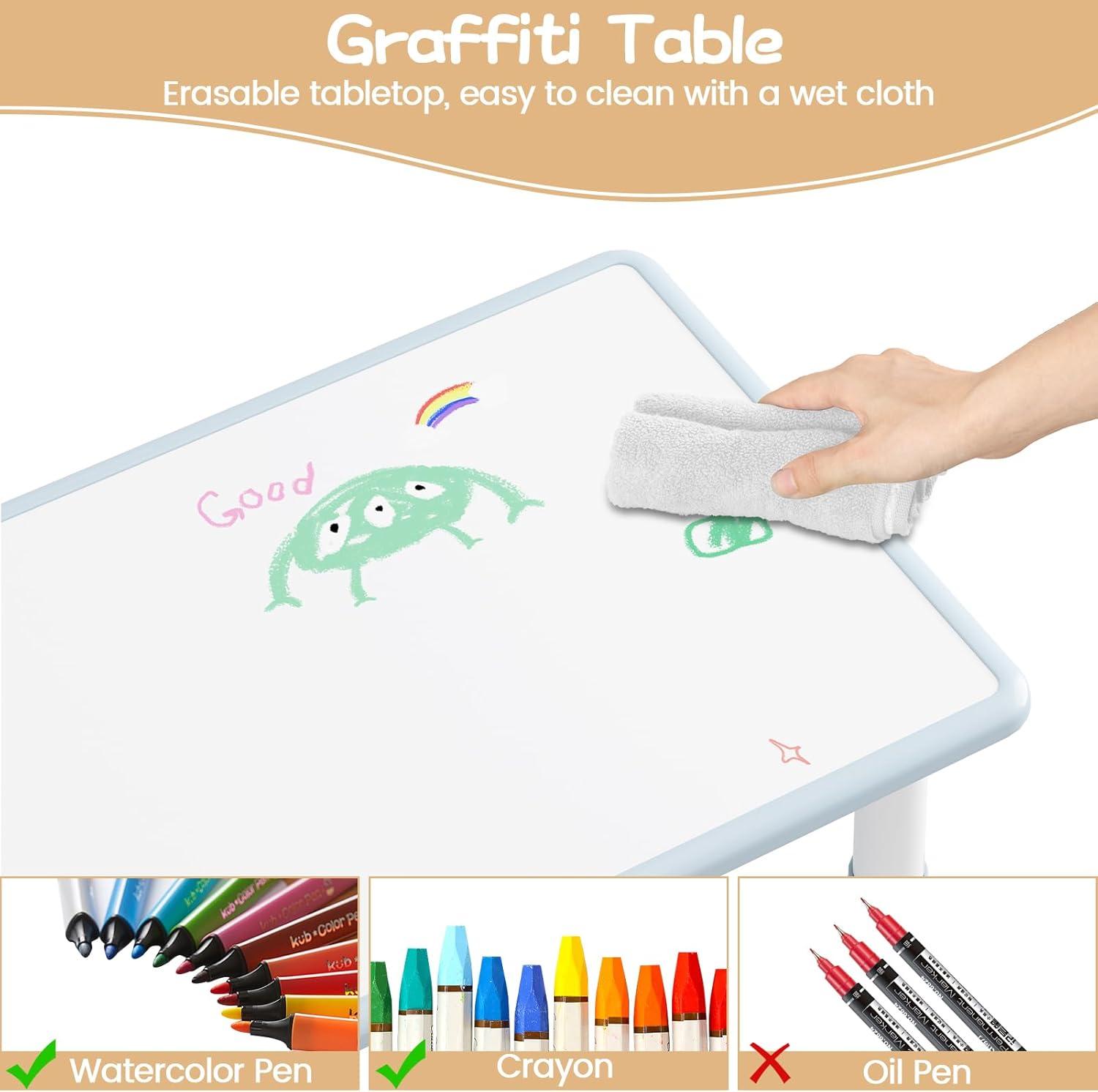 RONIPIC Height Adjustable Toddler Table and 2 Chairs Set with Graffiti Desktop, Kids Table and Chairs Set, Non-Slip Legs, Kids Activity Table for Home, Nursery, Blue