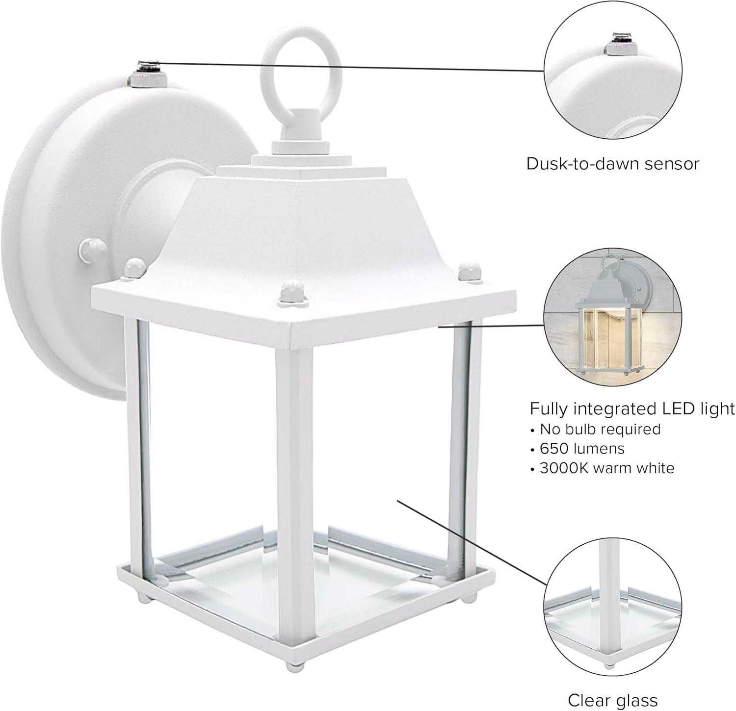 Maxxima LED Porch Lantern Outdoor Wall Light, White w/ Clear Glass, Dusk to Dawn Sensor, 650 Lumens, 3000K Warm White