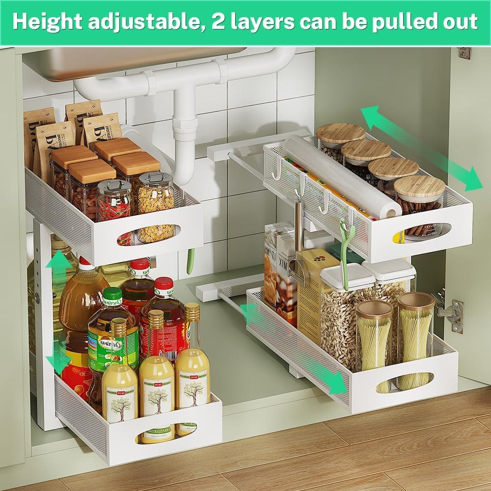 Sink Organizer, 2 Pack 2 Tier Sink Organizer and Storage, Slide-Out Pull-Out Cabinet Organizer, Sliding Metal Drawer for Home Kitchen, Bathroom, Pantry