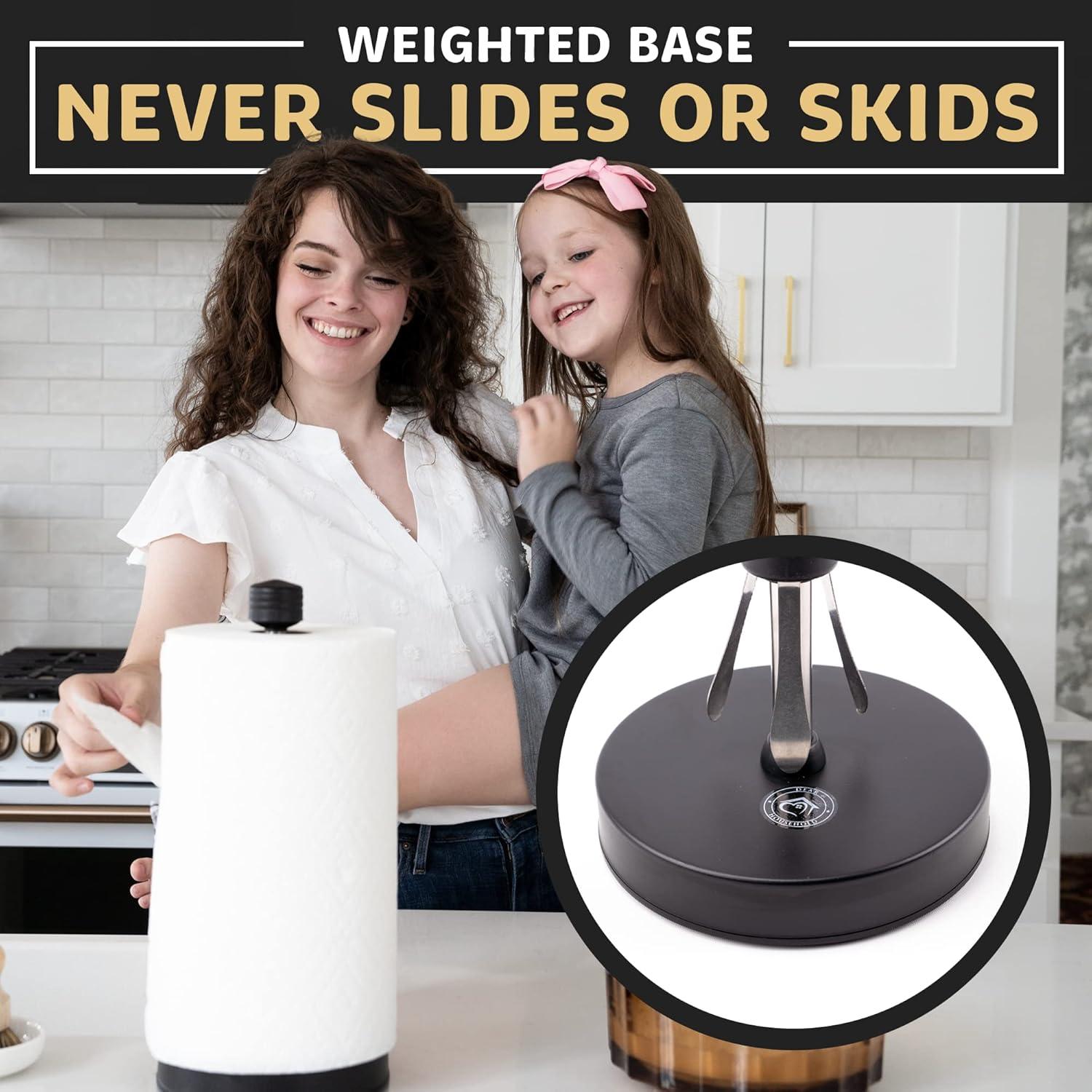 Stainless Steel Black Paper Towel Holder Designed for Easy One-Handed Operation - This Sturdy Weighted Paper Towel Dispenser Countertop Model Has Suction Cups and Holds Paper Towel Rolls of All Sizes