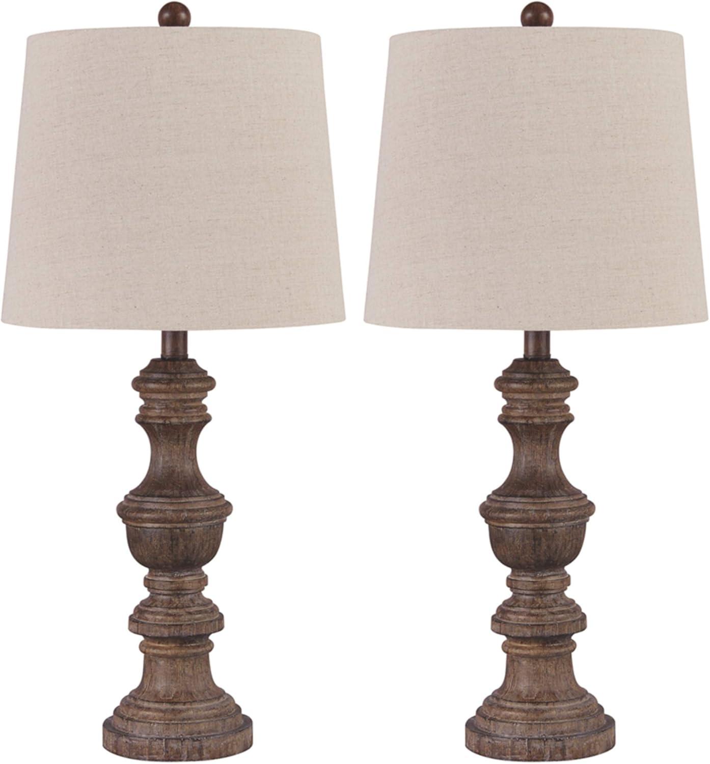 Set of 2 Magaly Poly Table Lamps Brown - Signature Design by Ashley: Wooden Base, 3-Way Switch, Drum Shade