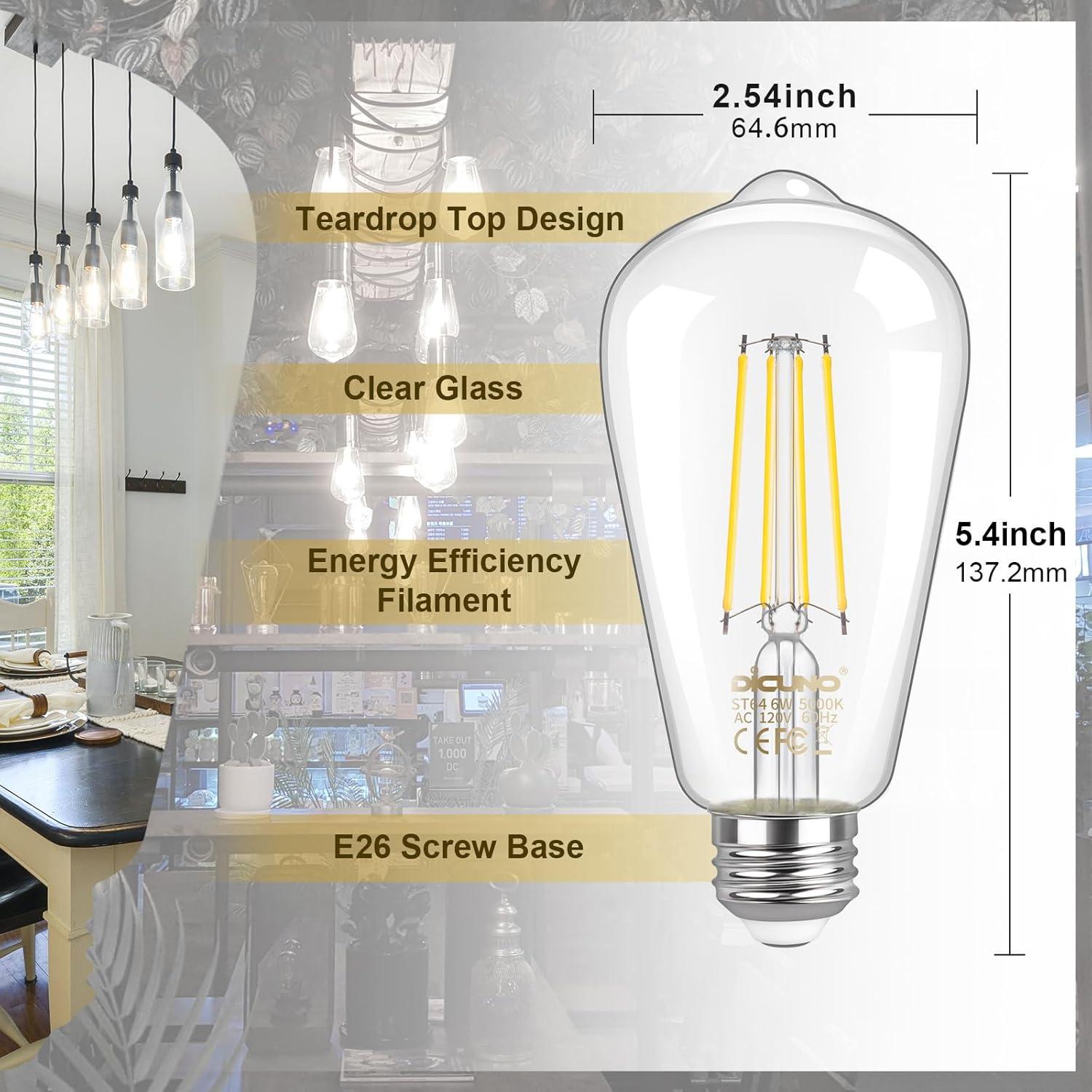 ENERGETIC Vintage LED Edison Light Bulbs, 5000K, 60 Watt Equivalent, ST64 Filament, Tear Drop Antique Decorative Bulbs, E26 Base, UL Listed, 6 Pack