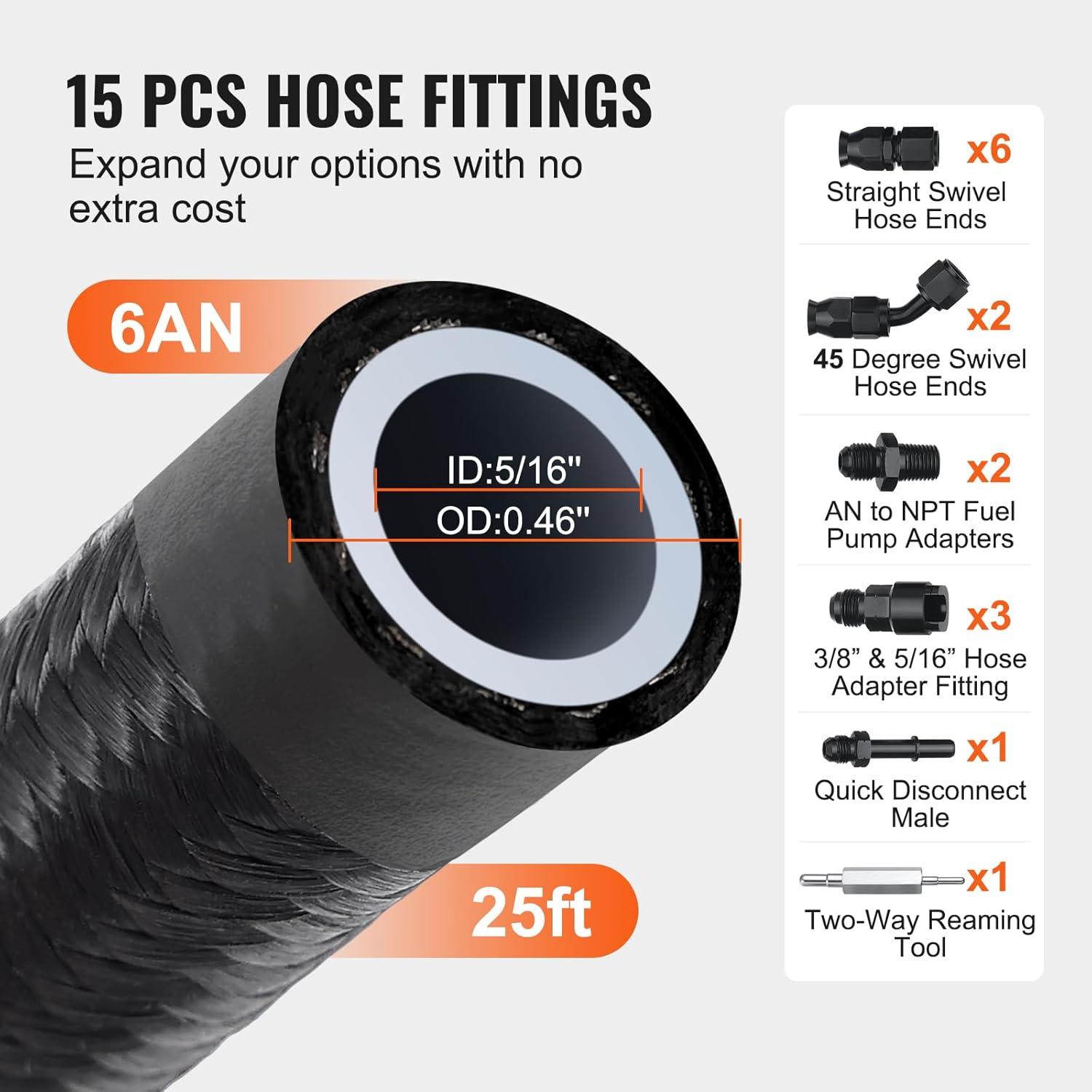 6AN Fuel Line Kit, 25 FT Fuel Hose Kit, 5/16" Nylon Stainless Steel Braided PTFE Fuel Line Kit, E85/Oil/Gas/Diesel Hose End Fitting Kit, with 15 PCS Swivel Fitting Adapter