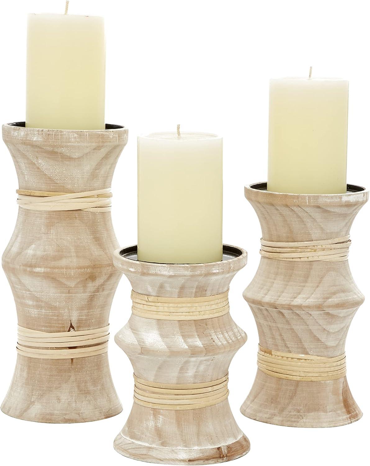 DecMode Indoor 10", 8", 7"H Coastal Wood Candle Holder, Brown, 3 - Pieces