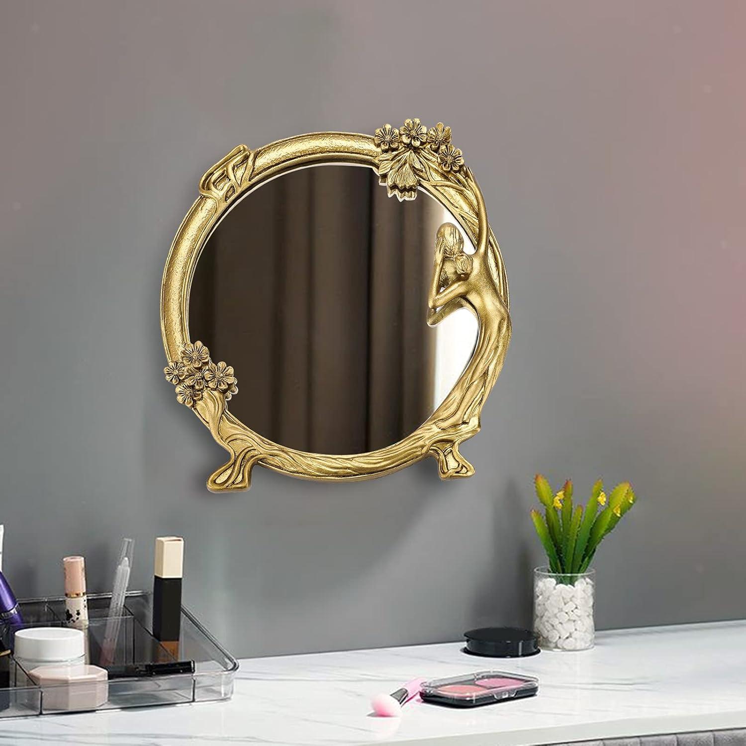 XGZHP2 Add Luxury European Vintage Resin Relief Mirror to Your Collection - Elegant Golden Decor for Dressing & Makeup - Timeless Antique-Style Prop with Feminine Charm - Perfect for Phot