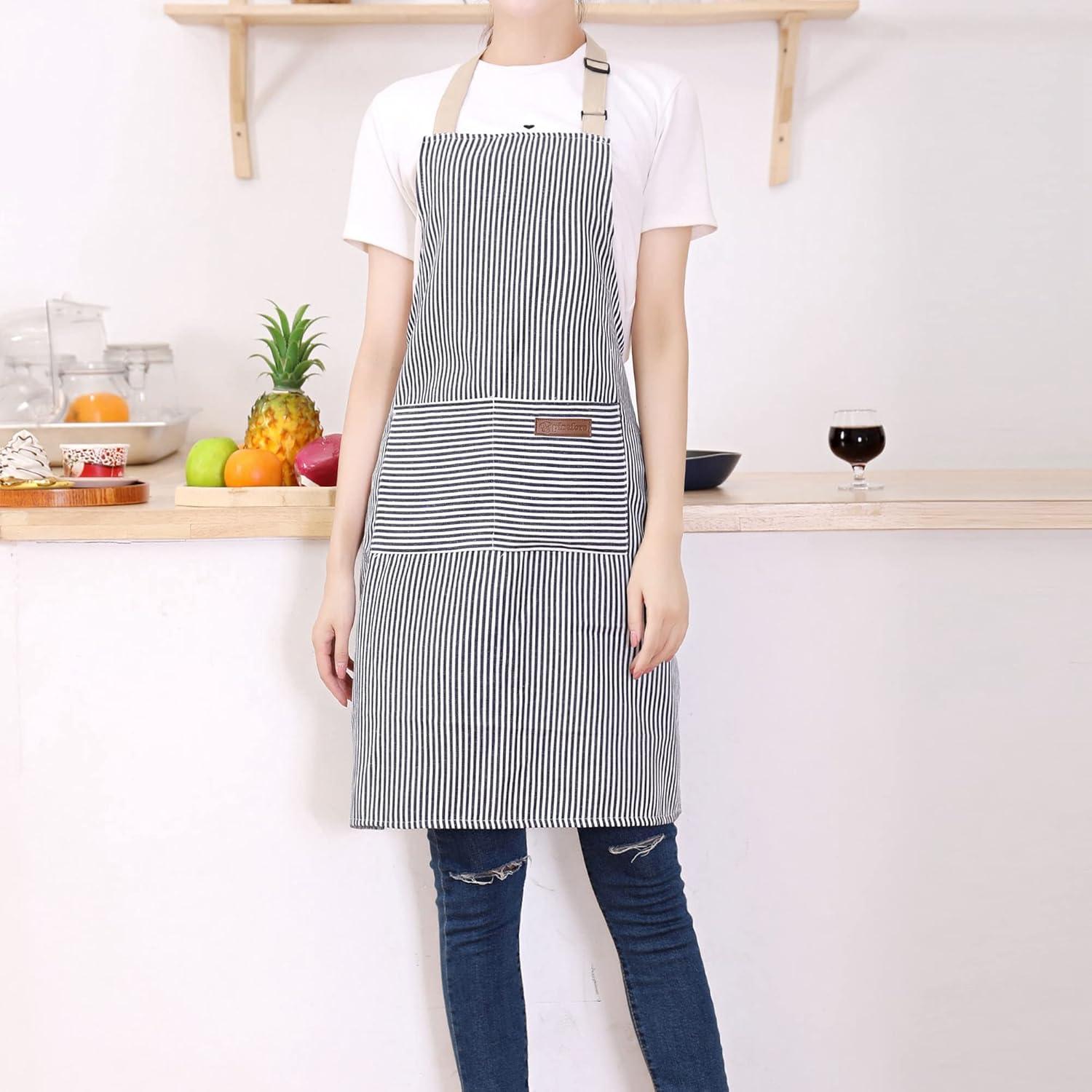 Tosewever 2 Pieces Kitchen Cooking Aprons, Cotton Polyester Blend Adjustable Bib Aprons with 2 Pockets for Women Men Chef Chef (Navy/Black Stripes, 2)