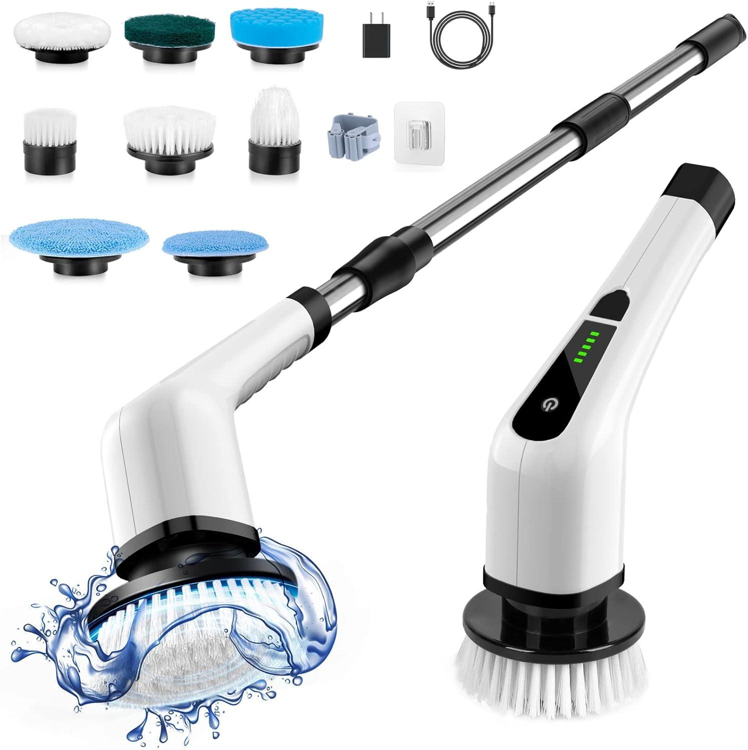 Cordless Electric Spin Scrubber, Cleaning Brush Scrubber for Home, 400RPM/Mins-8 Replaceable Brush Heads-90Mins Work Time, 3 Adjustable Size, 2 Speeds for Bathroom Shower Bathtub Glass Car Large