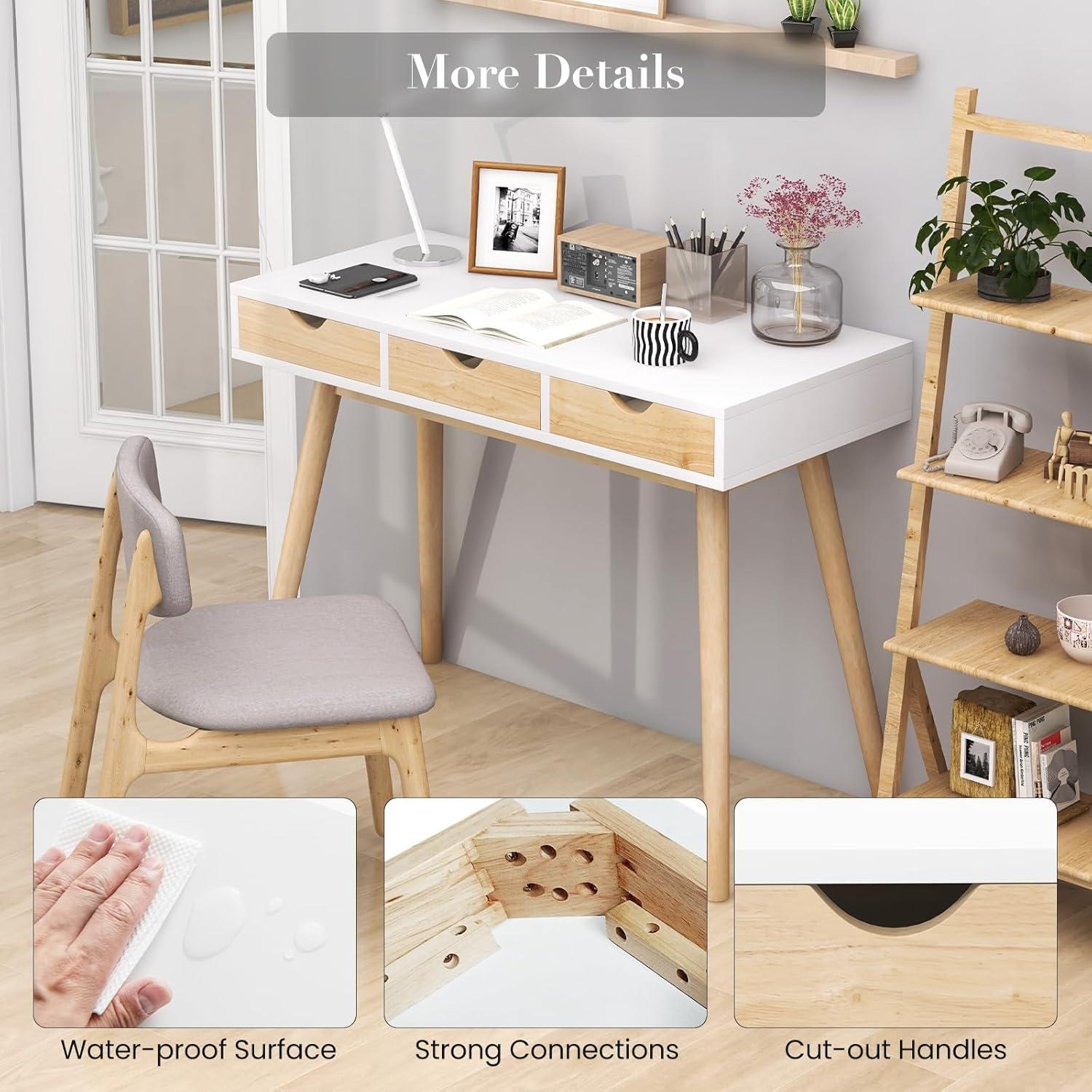 Canddidliike Computer Desk with 3 Drawers and Solid Rubber Wood Legs for Home Office, Gaming Desk, Gaming Computer Desks for Study,Working,Writing