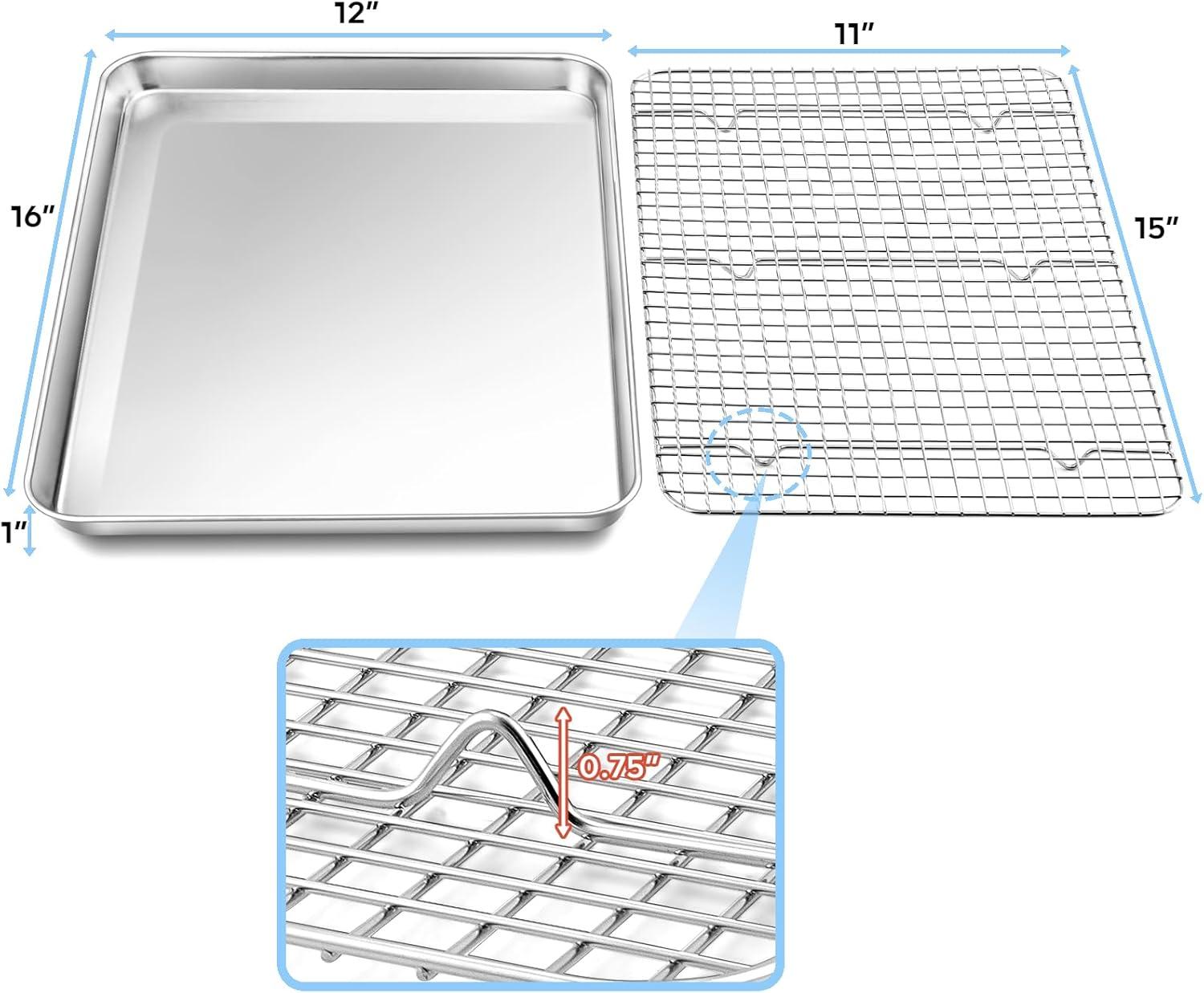 9.1 inch Baking Sheet and Rack Set Stainless Steel Baking Cookie Sheet Pan with Grid Rack for Cooking / Roasting / Cooling, Oven & Dishwasher Safe, Healthy & Durable