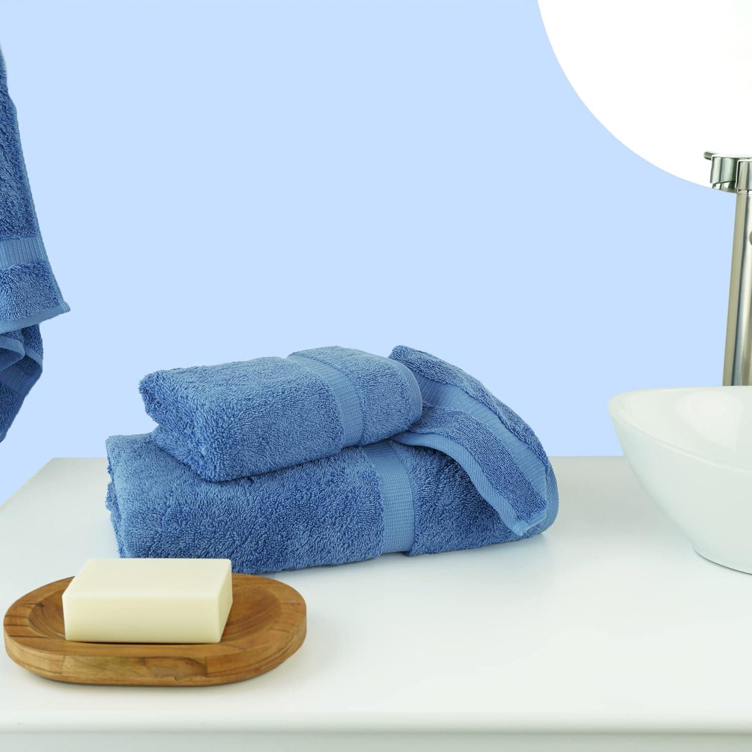 BC BARE COTTON Luxury Hotel & Spa Towel Turkish Cotton Washcloths - Dobby Border (13x13 Inches) - Set of 12 - Wedgewood