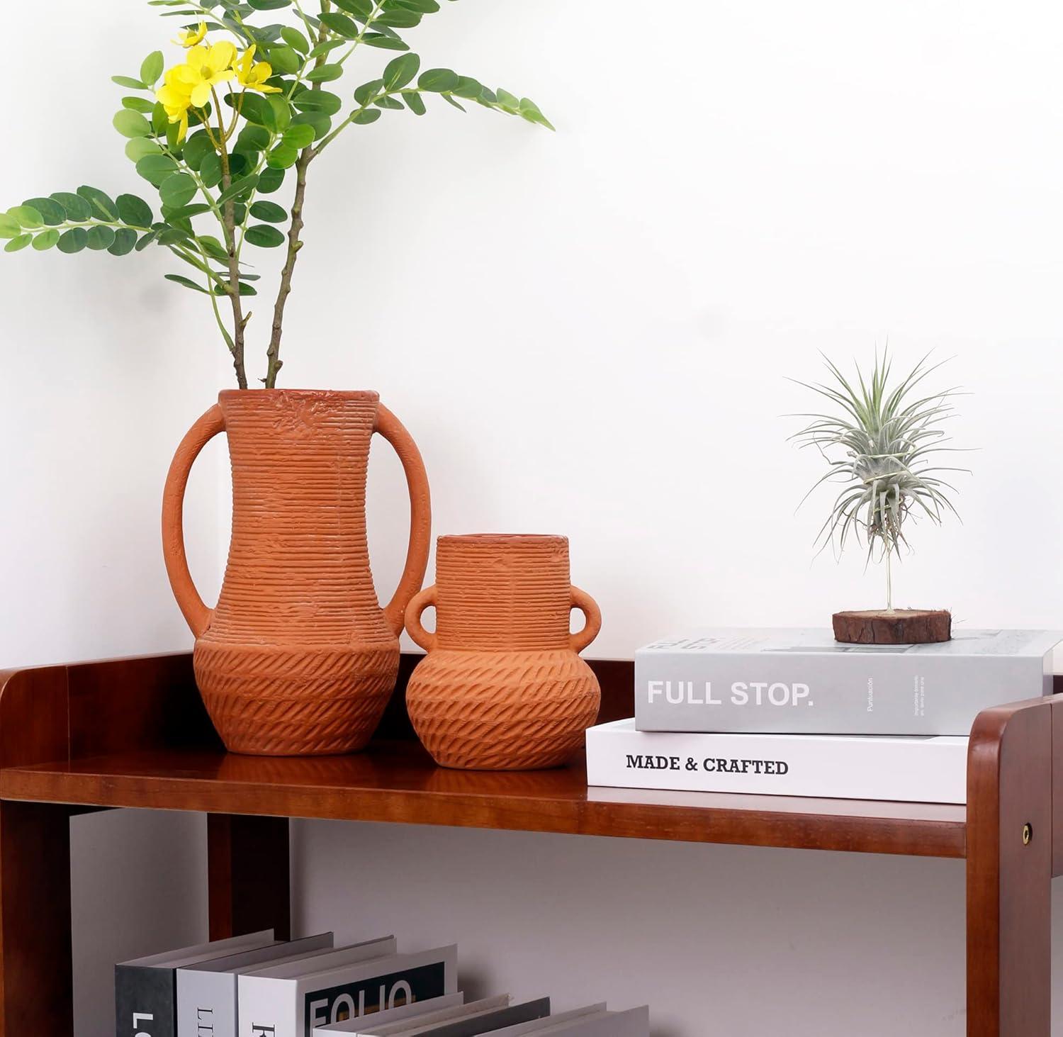 Terracotta Ceramic Vase Set with Handles for Flower Arrangements