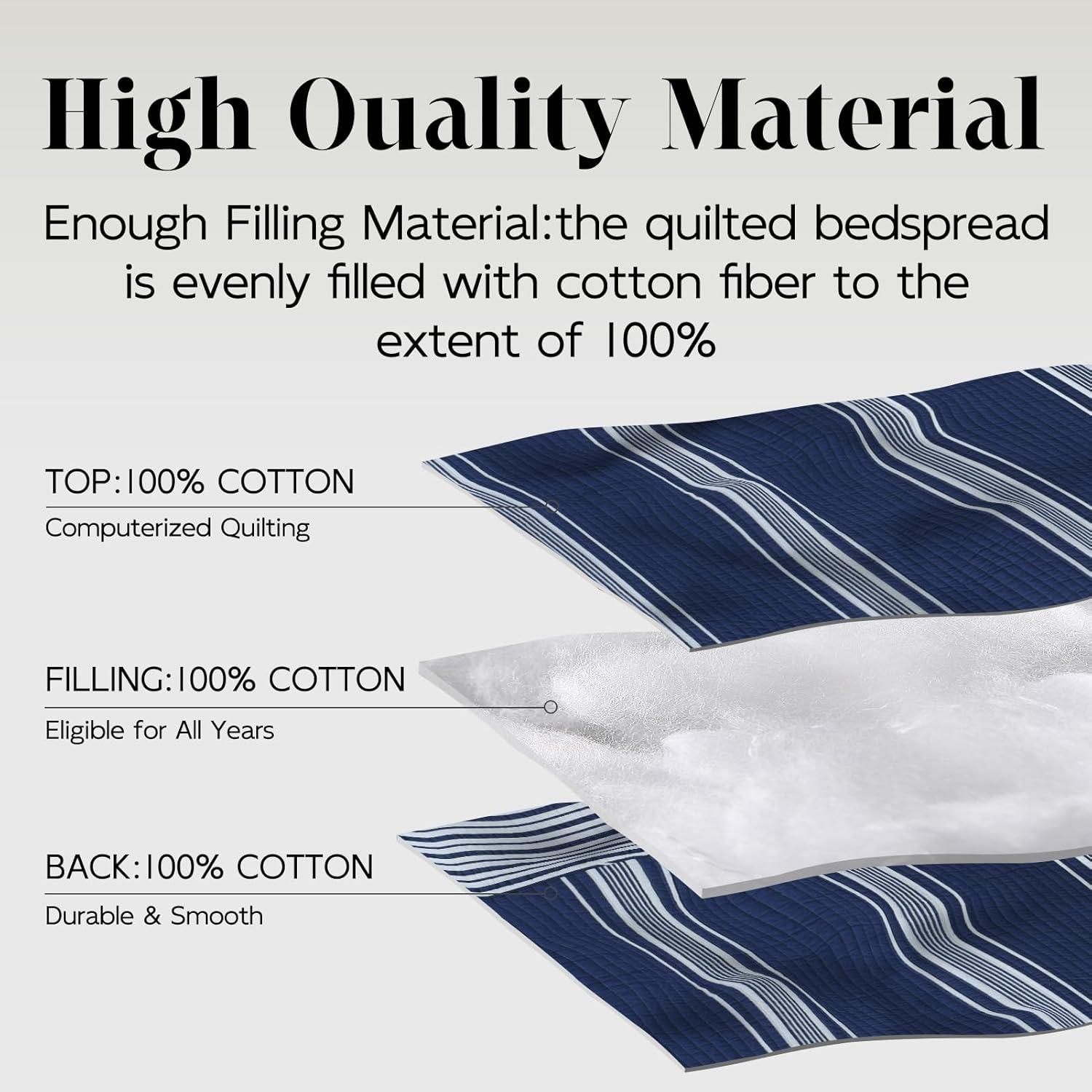 PANGUSHAN 100% Cotton Navy Blue Quilt Queen Size, Queen Quilt Bedding Set Quilted Bedspreads, Lightweight Reversible Striped Comforter for Queen Bed, All Season, Navy Blue, 3 Pieces