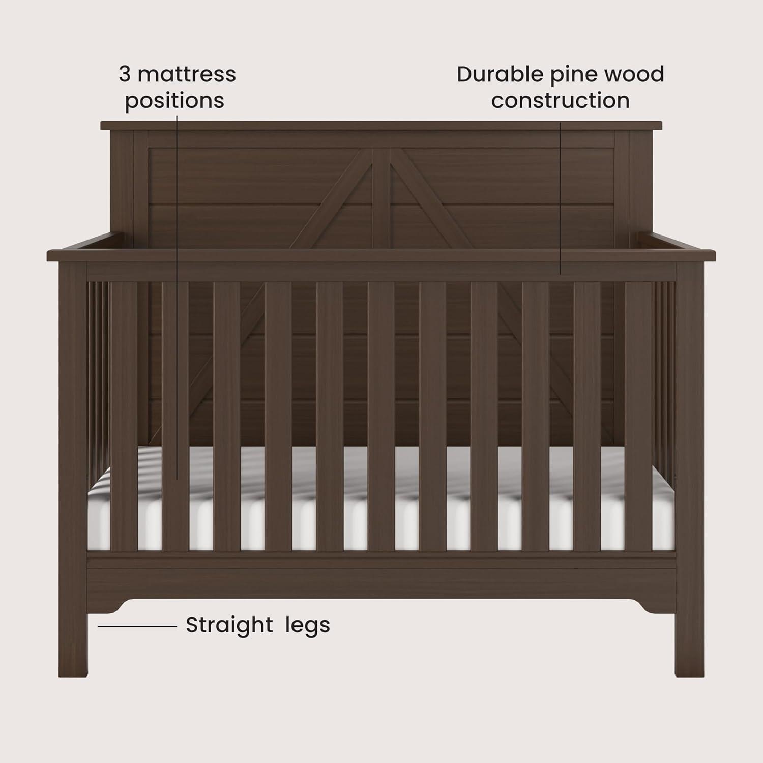 Brushed Truffle Pine Wood 4-in-1 Convertible Crib