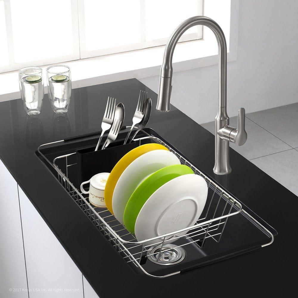 SANNO Expandable Dish Drying Rack Over The Sink Dish Drainer in Sink or On Counter with Utensil Silverware Storage Holder