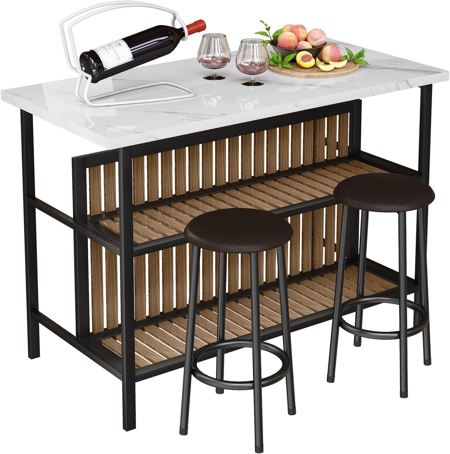 White Marble and Black Metal 3-Piece Pub Table Set