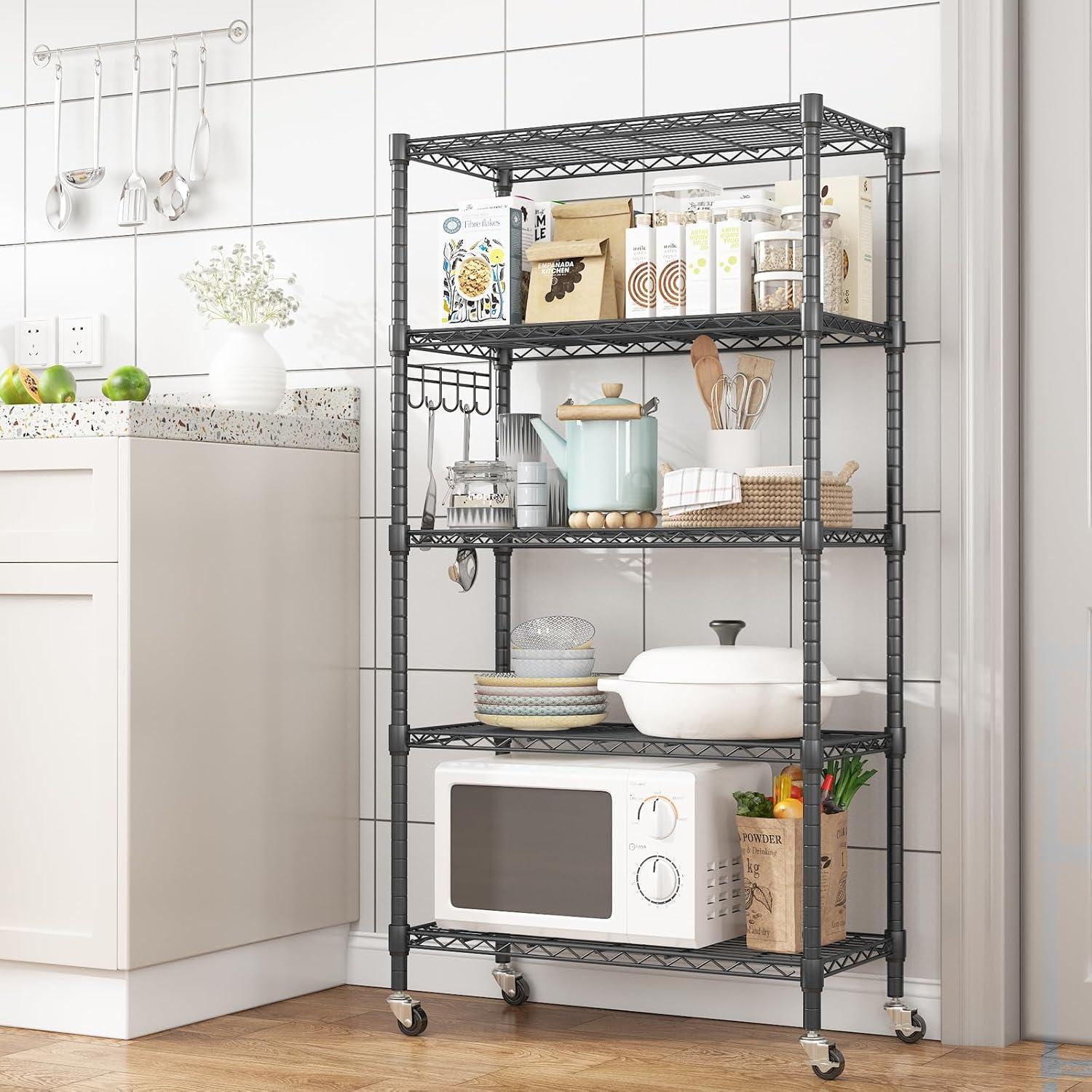 Black 5-Tier Adjustable Metal Wire Shelving Unit with Wheels