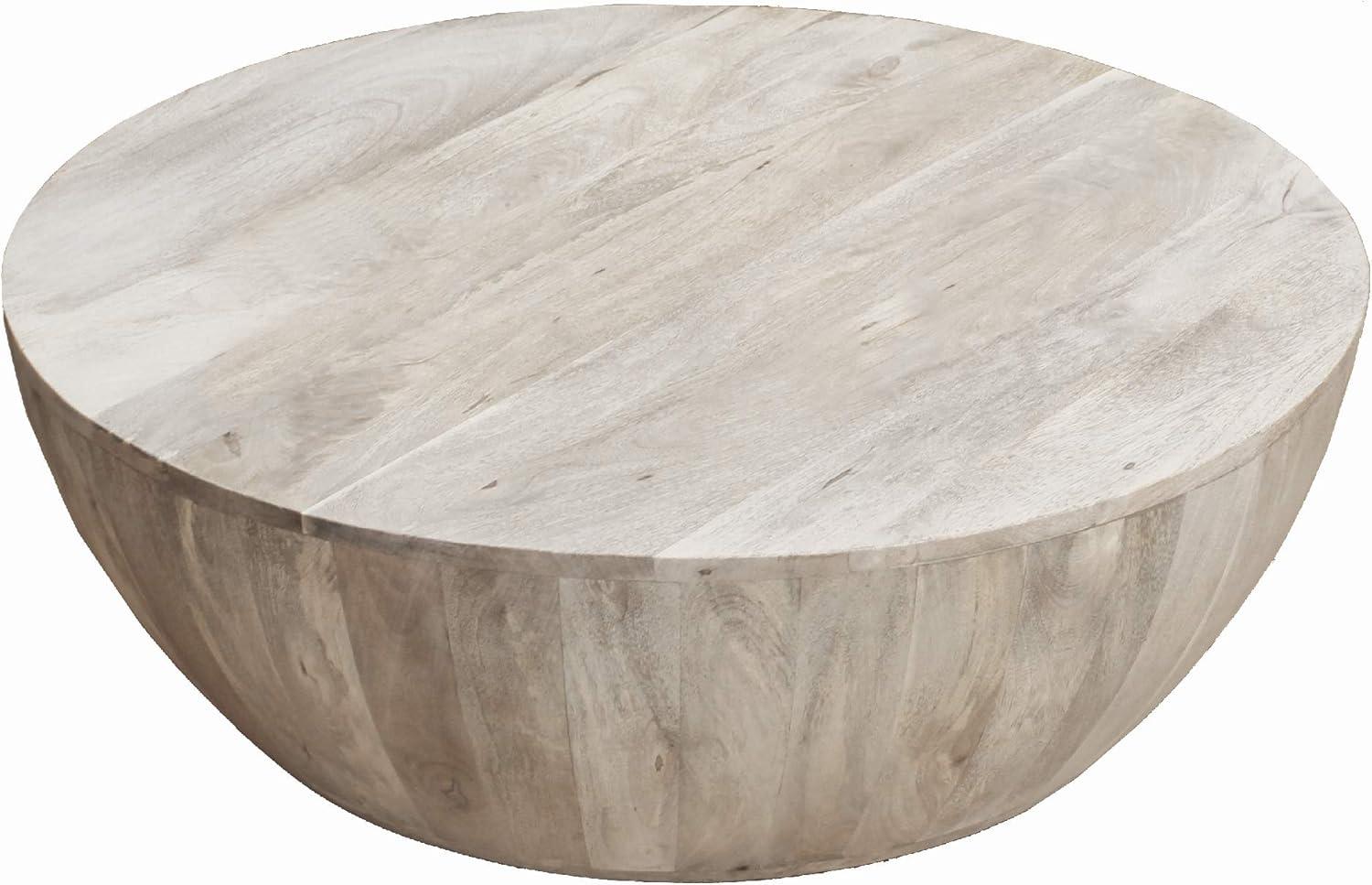 12 Inch Round Mango Wood Coffee Table, Subtle Grains, Distressed White - Saltoro Sherpi