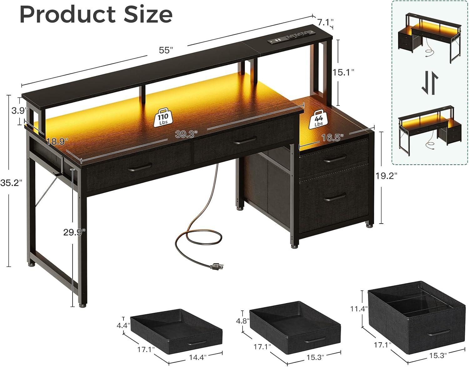 FETON 55-Inch Computer Desk with File Cabinet and Fabric Drawers, Reversible Office Desk with LED Strip and Power Strip, Gaming Desk with Monitor Riser, Writing/Study Table for Home, Black