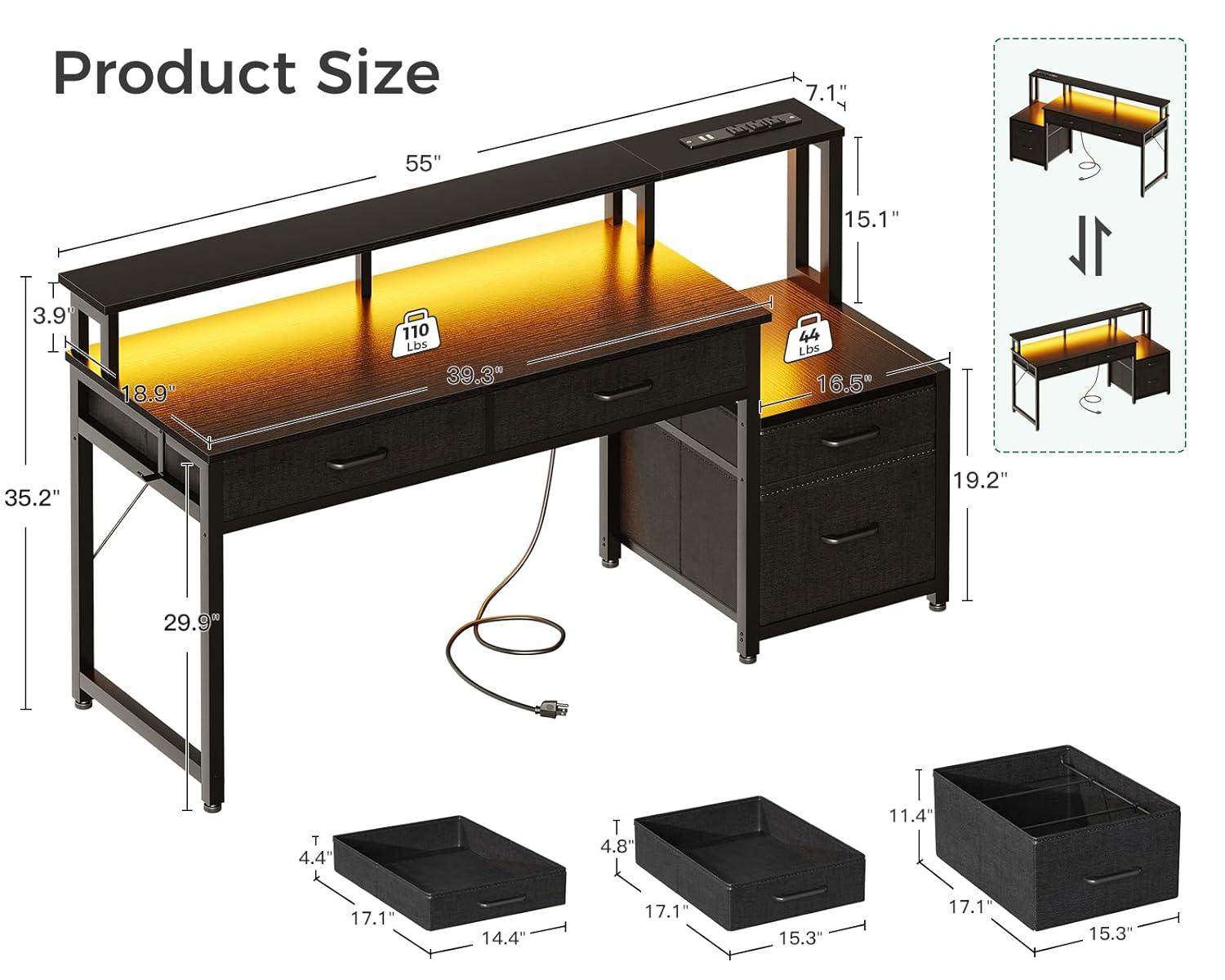 FETON 55-Inch Computer Desk with File Cabinet and Fabric Drawers, Reversible Office Desk with LED Strip and Power Strip, Gaming Desk with Monitor Riser, Writing/Study Table for Home, Black