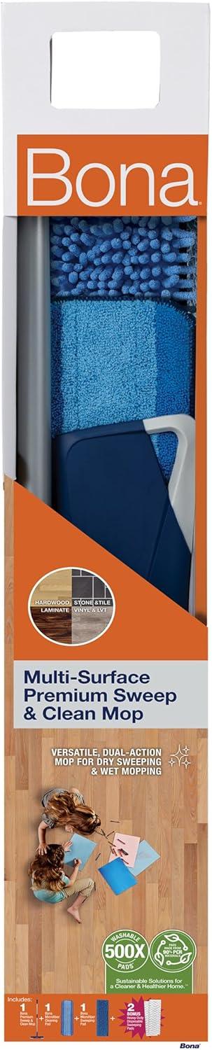 Bona Floor Mop Starter Kit - 2-in-1 Wet + Dry Floor Sweeping + Mopping - 1 Mop, 1 Reusable Sweeping Pad, 1 Reusable Mopping Pad