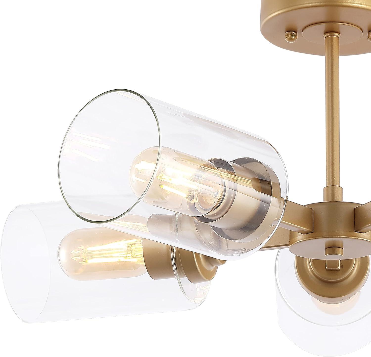 Jaynie 21.5" 5-Light Farmhouse Industrial Iron Cylinder LED Semi Flush Mount, Brass Gold/Clear