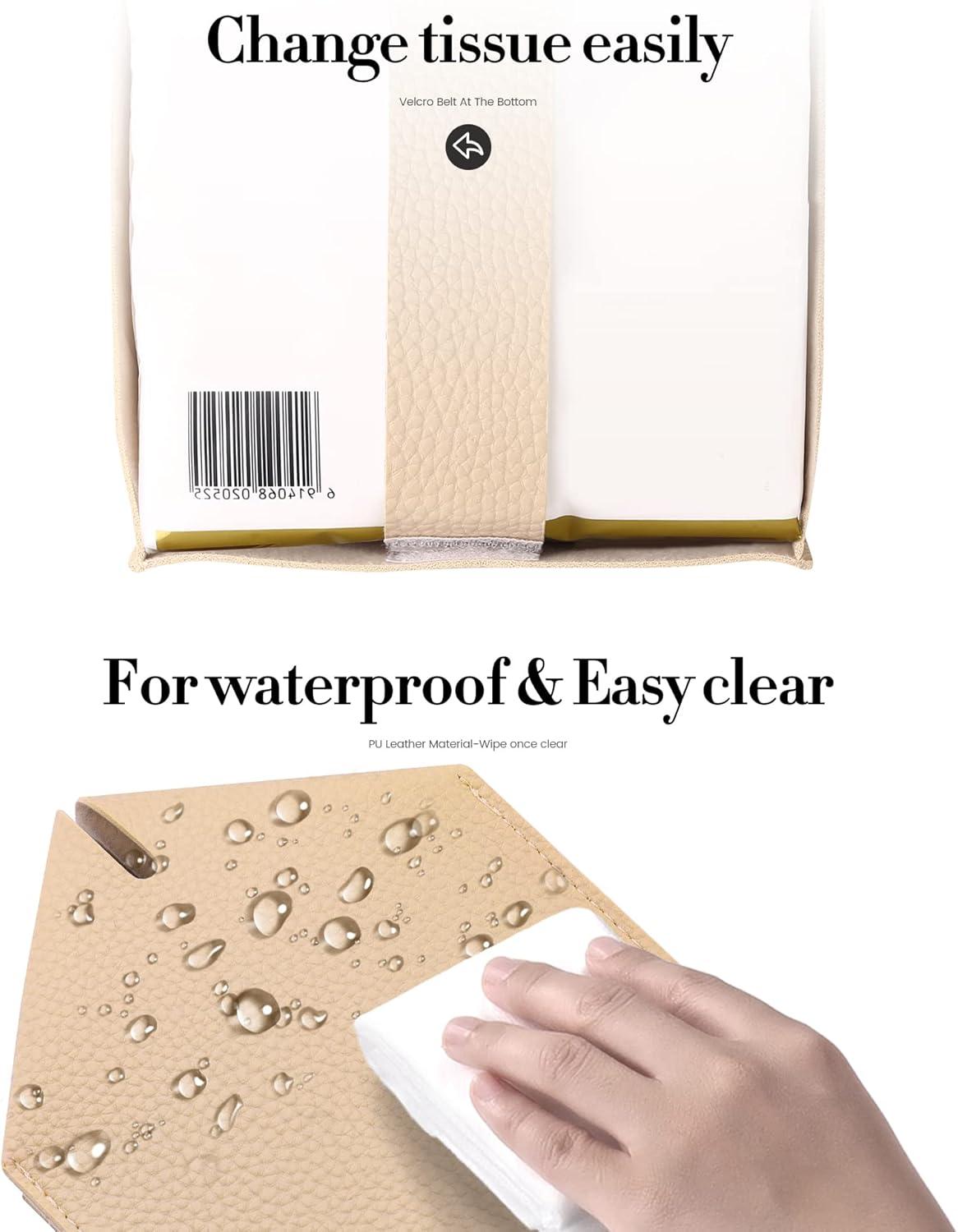 Tissue Box Cover, Square PU Leather Tissue Box Holder, Modern Tissue Case Facial Paper Organizer Dispenser，5X5X5'',Double Beige