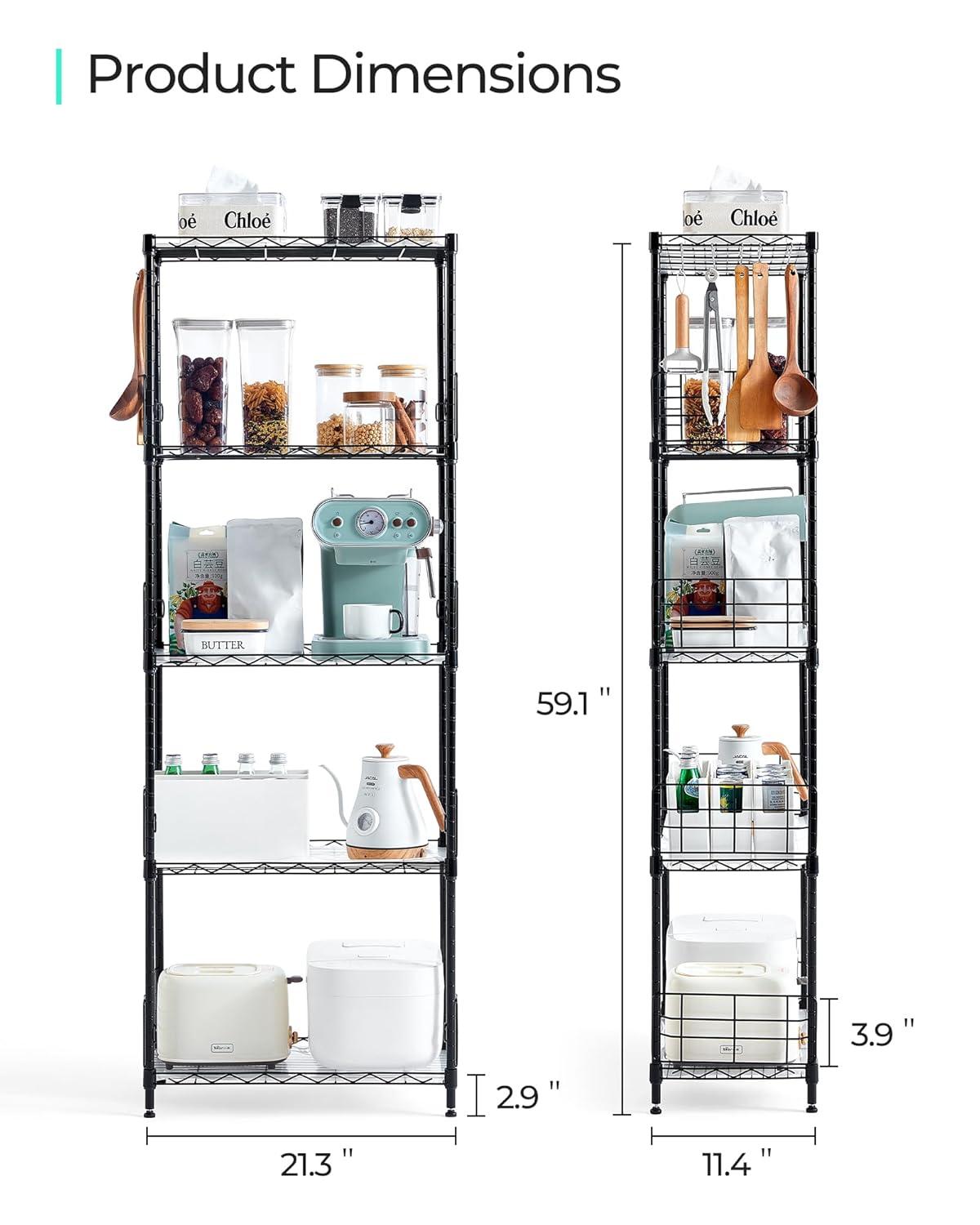 LINSY HOME Pantry Storage Shelves, 5-Tier Adjustable Heavy Duty Metal Storage Shelf, 59" Tall Standing Shelf, Upgrade Steel Wire Rack Organizer for Kitchen, Bathroom, Garage, Living Room, Black
