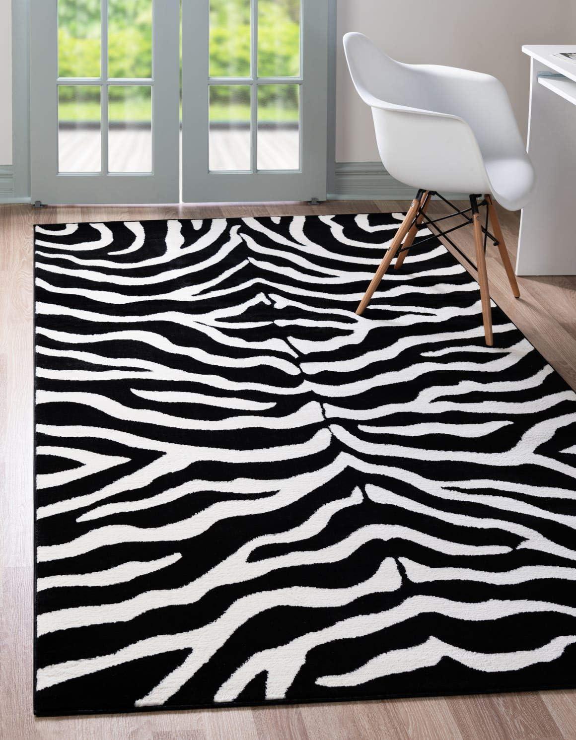 Black and Cream Zebra Print Rectangular Area Rug, 5' x 8'