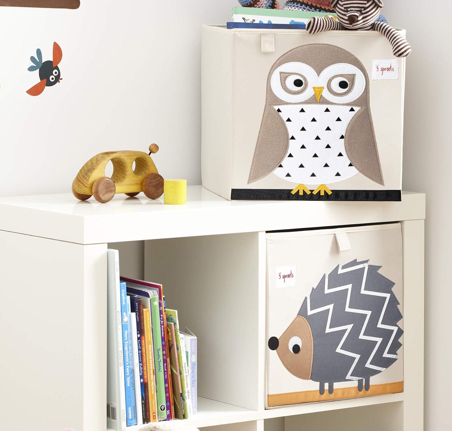 Friendly Owl Beige Fabric Collapsible Kids Storage Cube