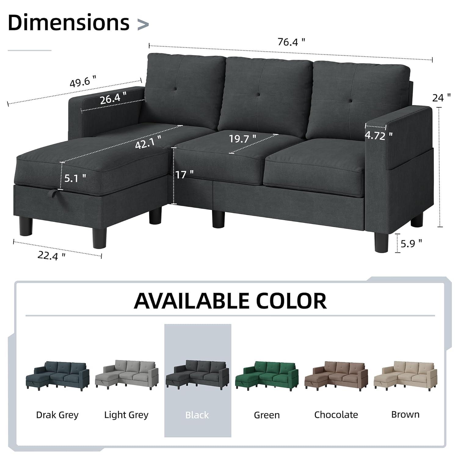 Shintenchi 79 Inch Convertible Sectional Sofa Couch, Modern Linen Fabric L-Shaped , 3-Seat Sofa Sectional with Reversible Chaise for Living Room, Apartment and Small Space (Dark Grey)