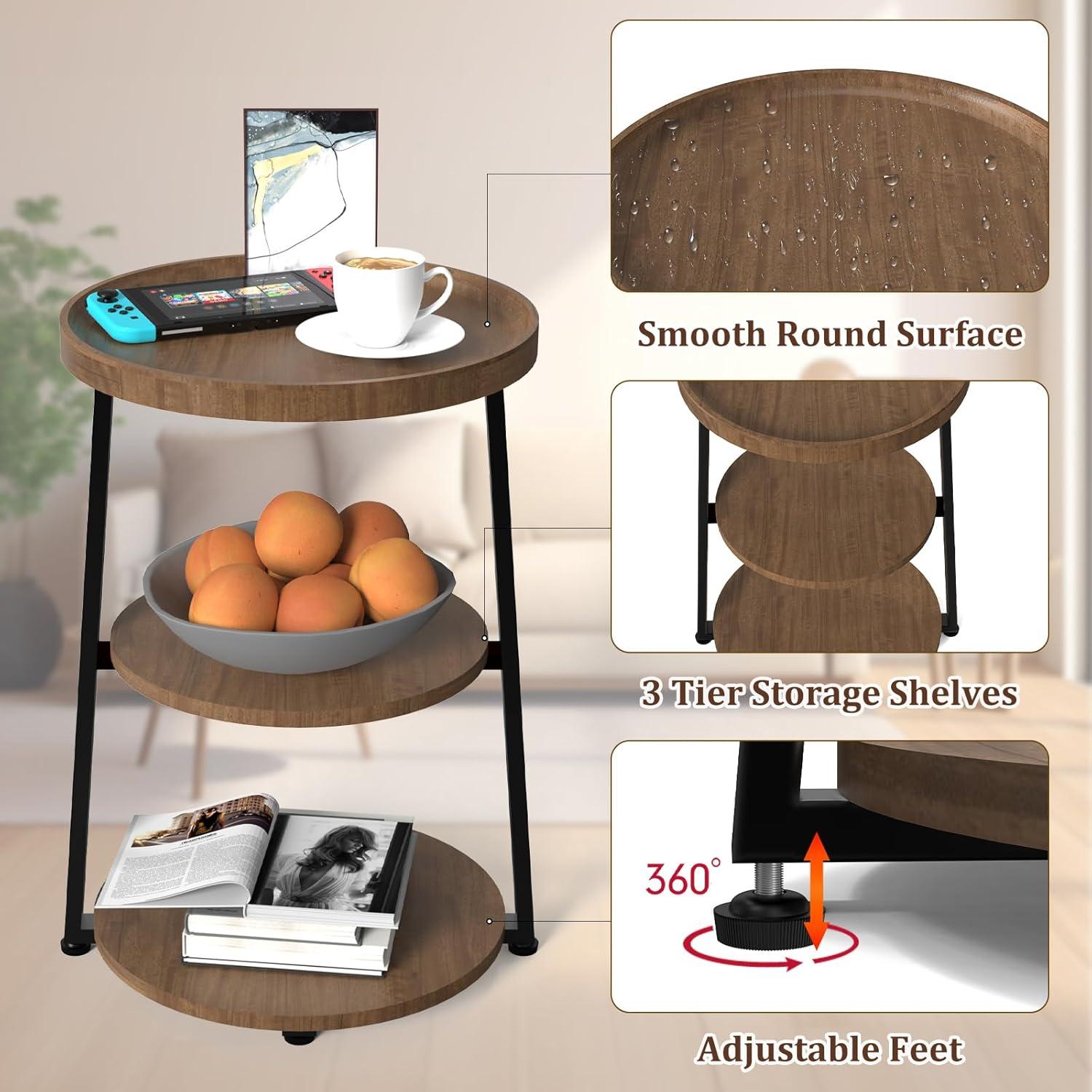 Round End Table with Charging Station, 3-Tier Accent Side Table for Living Room Bedroom Couch, Coffee Table for Small Spaces (Rustic Brown-Charging Station)
