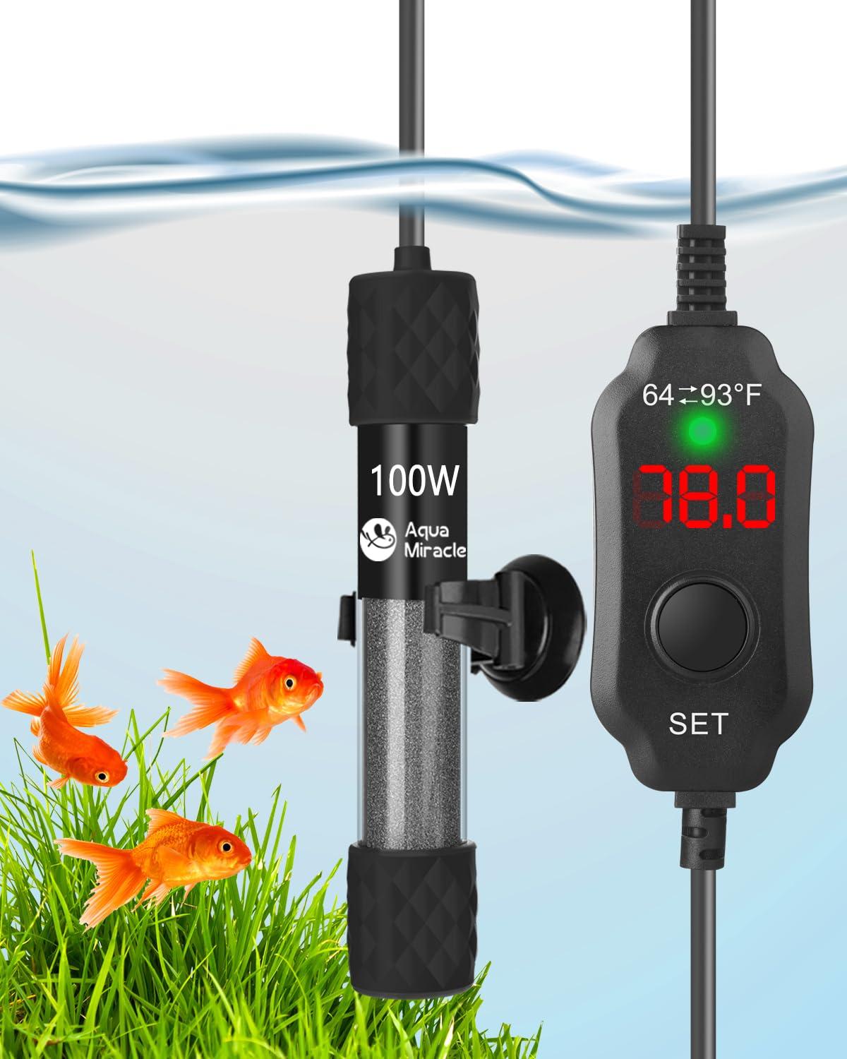AquaMiracle Adjustable 100W Aquarium Heater Submersible Fish Tank Heater Super Short Aquarium Heater with LED Digital Display Thermostat, for Tanks 10-20 Gallons